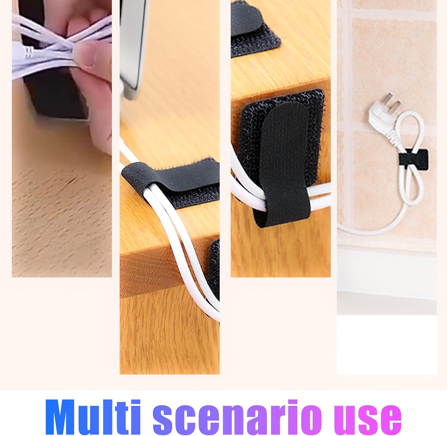 40 Hook and Loop Cable Ties, Sticky-back Cord Organizer, Cable Clip, Cable Management Under Desk, Self Adhesive Hook and Loop Cable Straps, Adjustable Nylon Wire for Home, Office (Black)