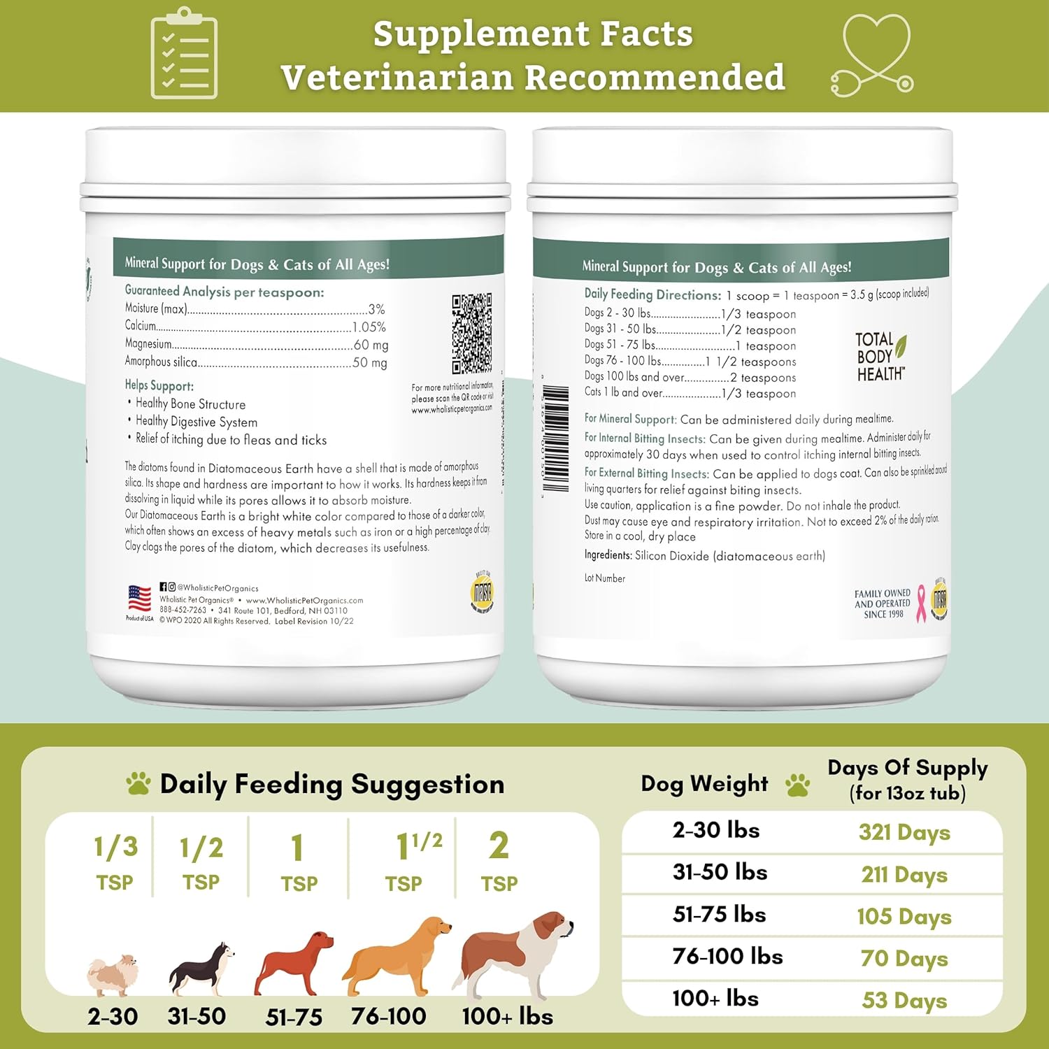 Wholistic Pet Organics Diatomaceous Earth - Food Grade for Dogs & Cats - 13 Oz - Multi Use Powder - Pet Safe Non-Chemical Freshwater Sourced Silica Supports Overall Health - Made in USA - 105 Scoops