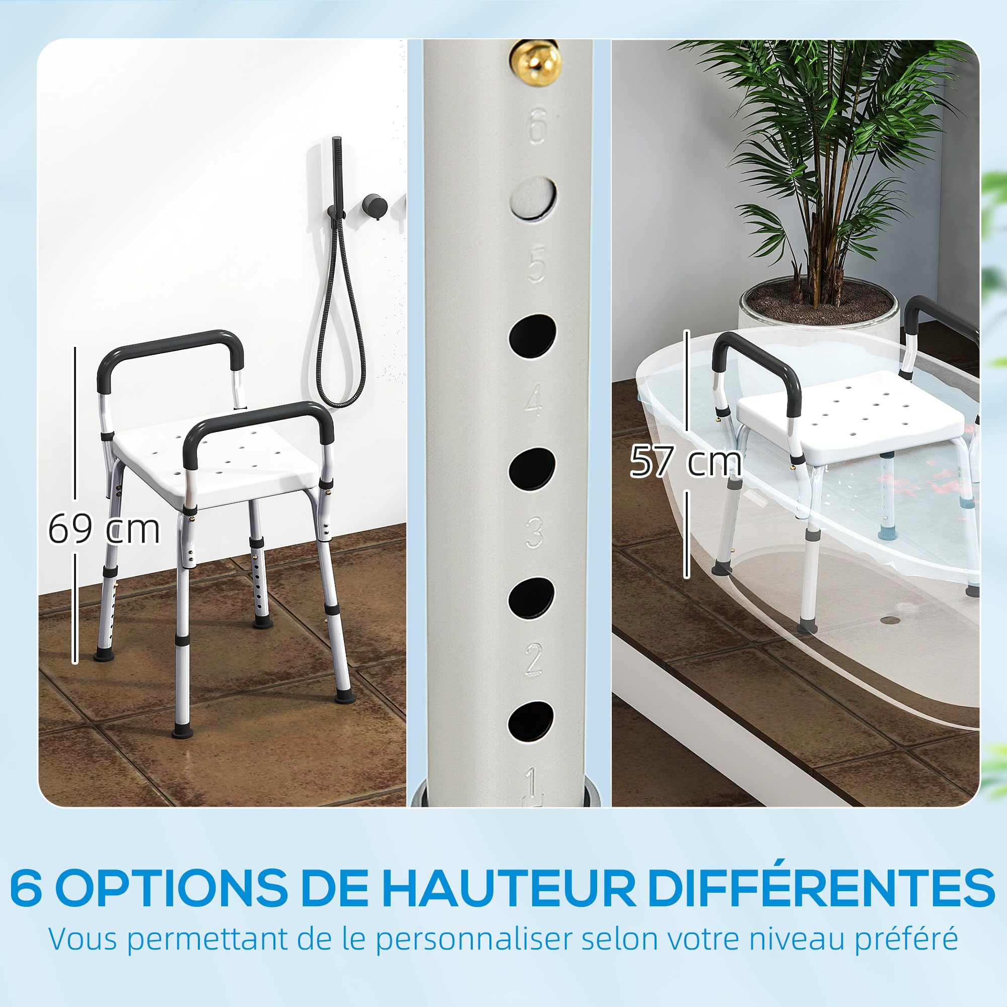 HOMCOM Taburete de ducha Silla de ducha para personas mayores y discapacitadas con reposabrazos, altura ajustable, patines antideslizantes, silla de baño de aluminio antioxidante, color blanco