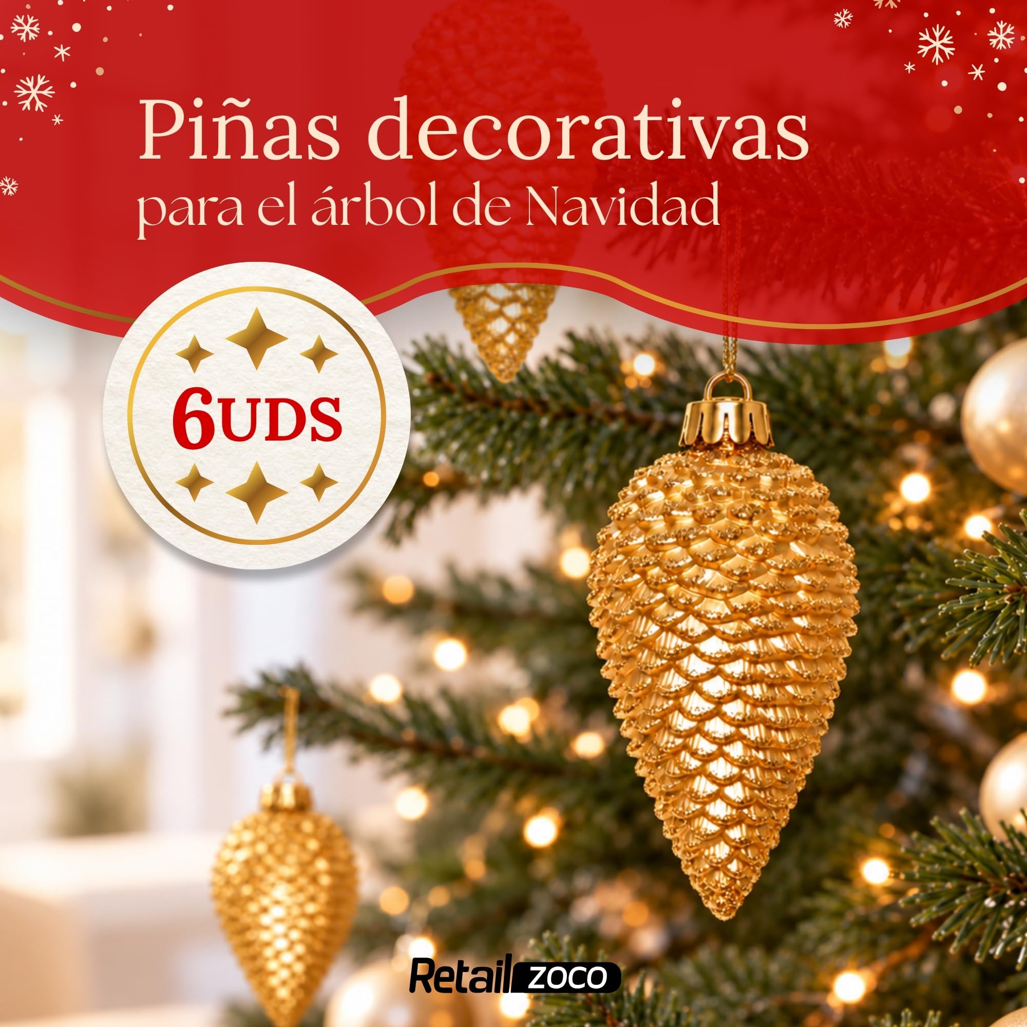 Piñas de Navidad, Adornos Arbol Navidad, 6 Piezas, Dorado - imagen 2
