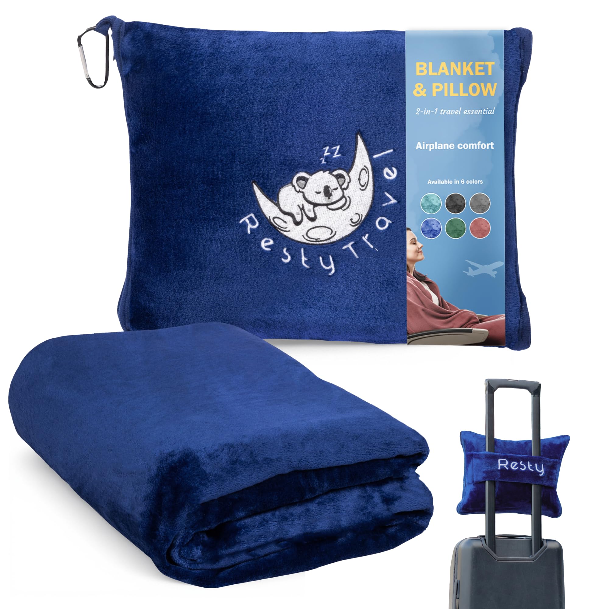 Resty 65"x40" Traveling Airplane Blanket, Navy Blue – Lightweight, Velvety Soft Blanket That Becomes a Travel Pillow – Must-Have Comfort for Planes &
