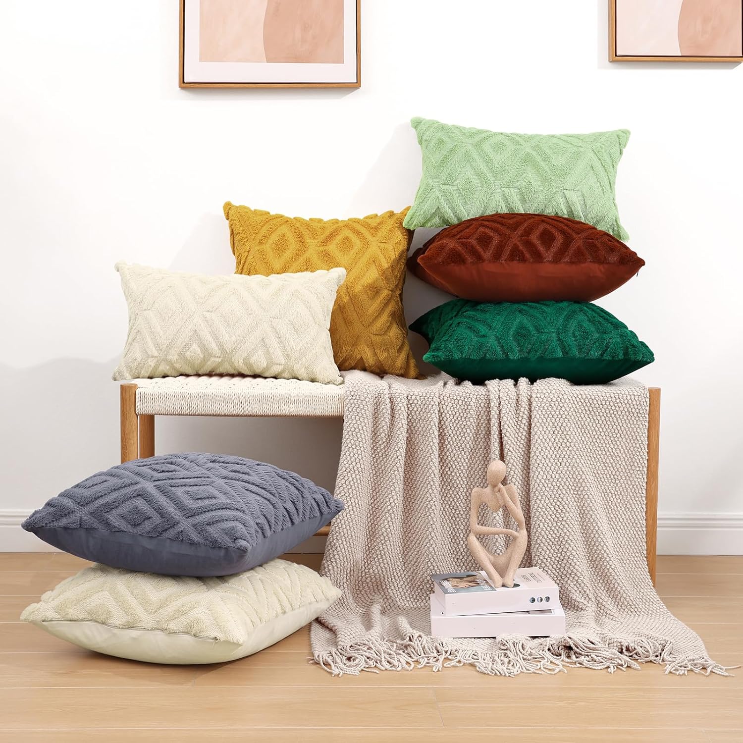 Pallene Spring Beige Throw Pillow Covers 18x18 Set of 2, Soft Plush Faux Fur Decorative Couch Pillow Covers for Sofa Bed Living Room Pillow Cases with 3D Diamond Pattern - Image 8