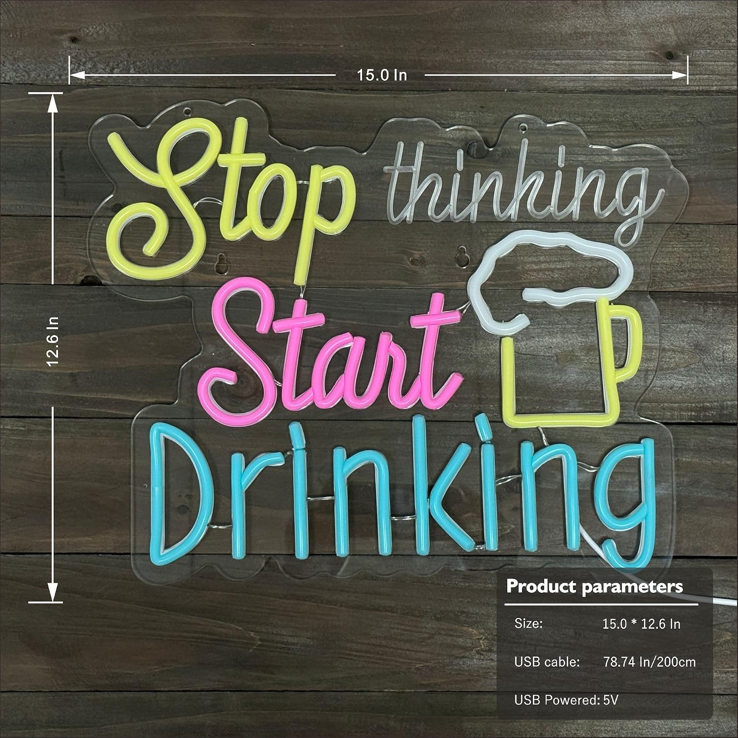 Stop Thinking Start Drinking Neon Sign for Wall Decor,Beer Bar Neon Light Up Signs for Man Cave Bar Pub Store Party Pub Decoration Gift, USB Powerd image 5