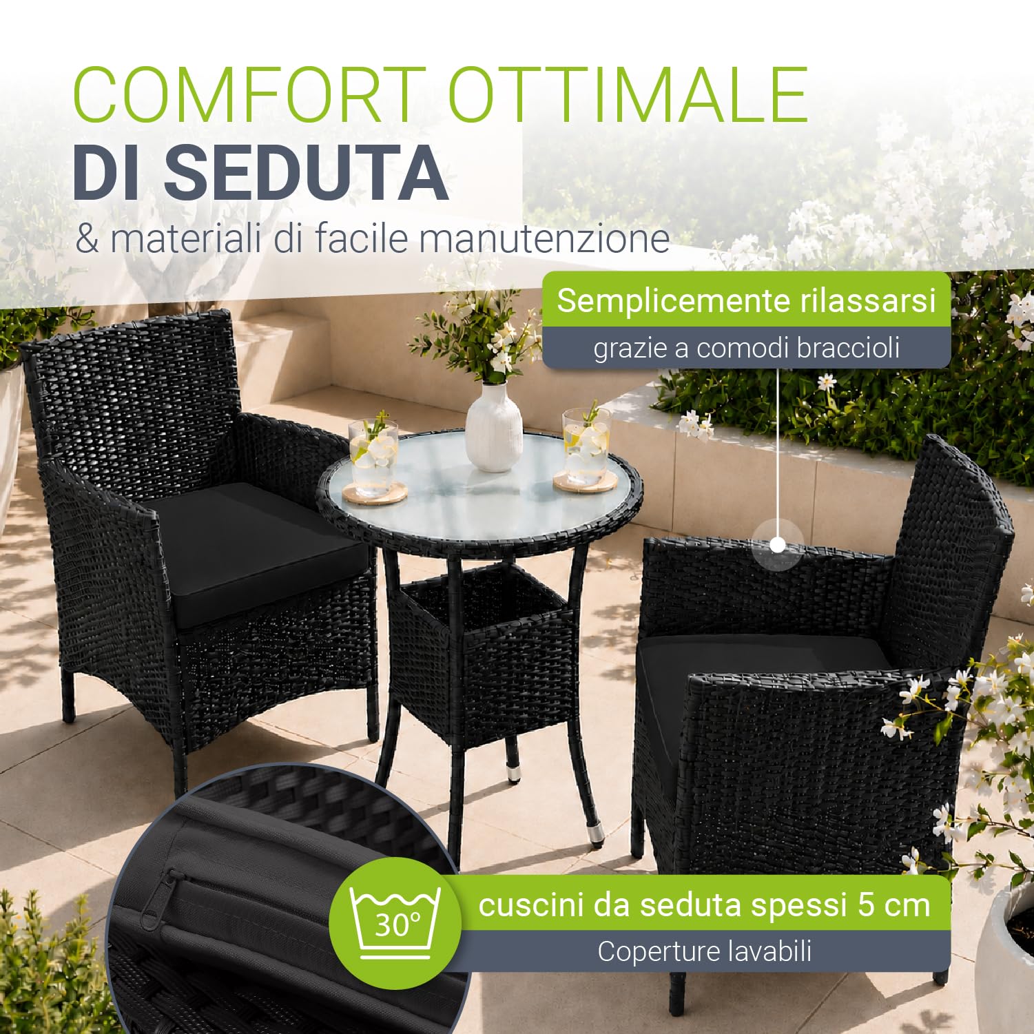 Juskys Polyrattan Set da balcone Bayamo 2 persone - Tavolo con piano in vetro & 2 sedie - Mobili da balcone resistenti alle intemperie - Cuscini lavabili - nero - grigio