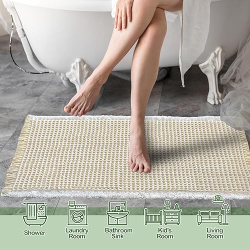 Miniatura 2 de ZALL - Tapete de baño de punto gofre beige, súper absorbente, antideslizante, color crema, 18 x 30 pulgadas, lavable a máquina, ultra suave