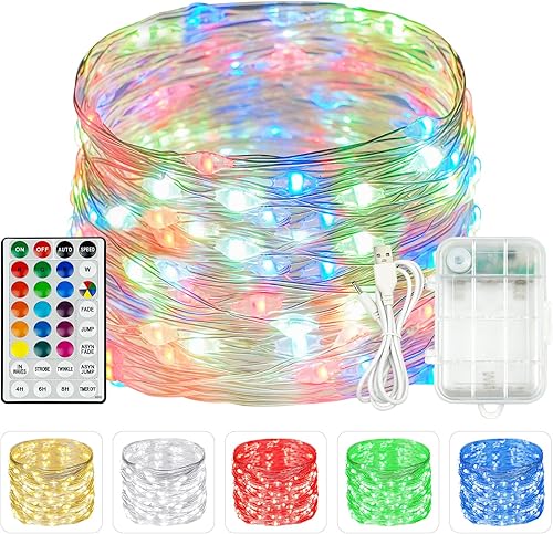 Guirnalda de 100 luces LED que cambian de color de 33 pies, funciona con USB, funciona con pilas, con control remoto para exteriores, tira de luces