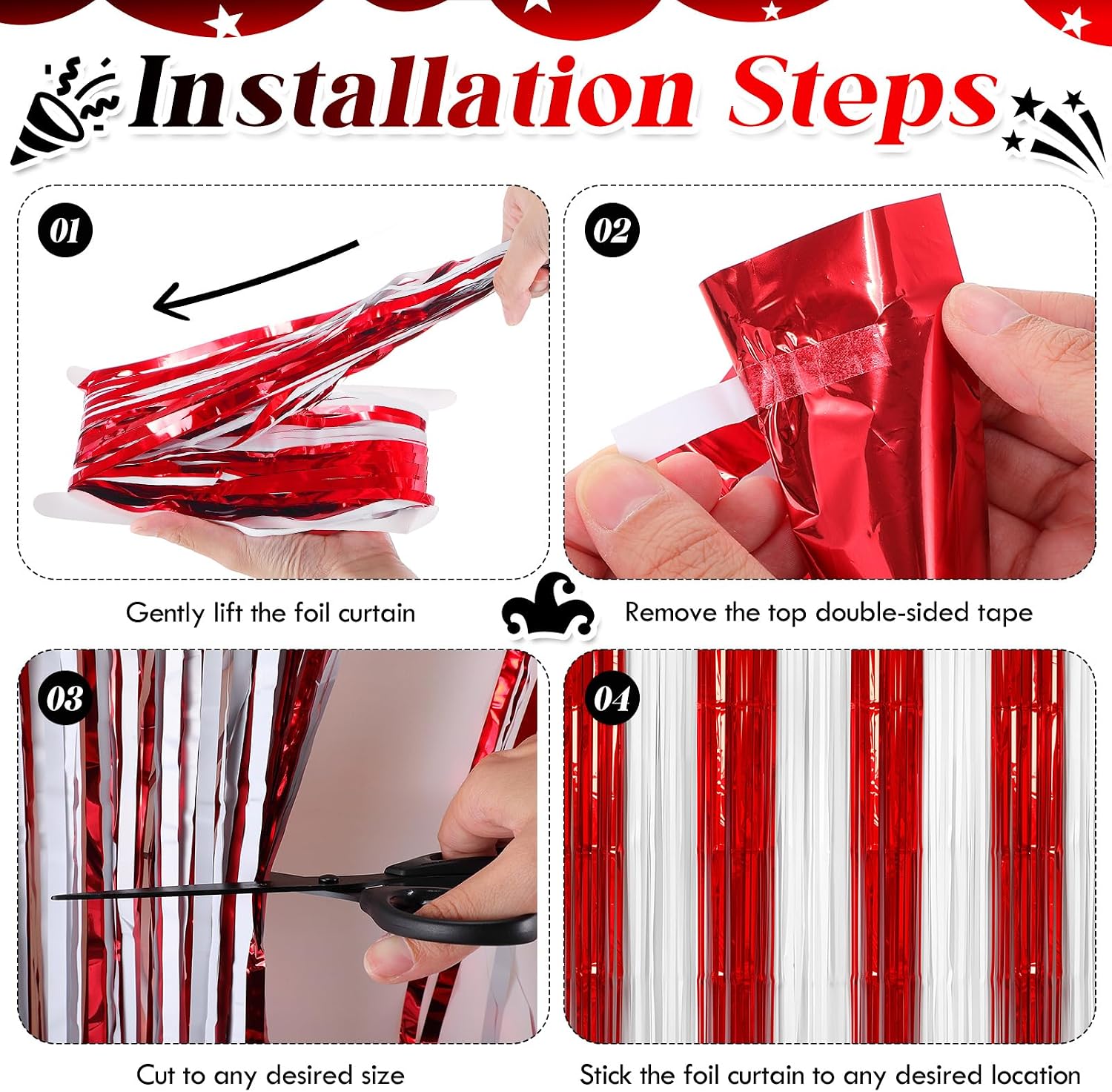 4 Pack Carnival Circus Theme Red and White Foil Fringe Curtain Backdrop