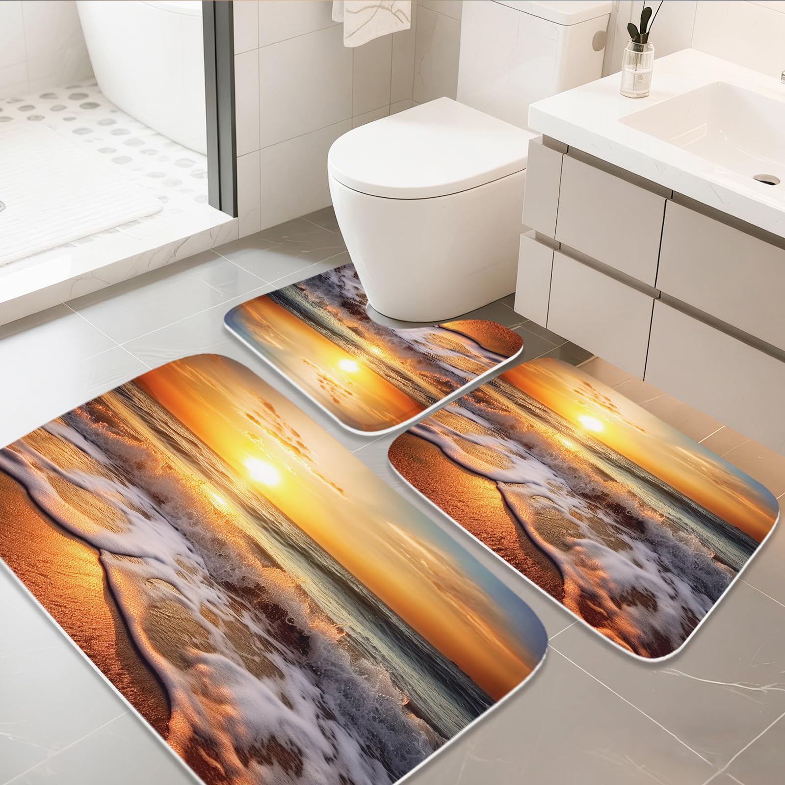 Final Friday Bathroom Mat Set Ocean Beach Summer Coastal Nautical Bathroom Rugs Sets 3 Piece Wave Sunset Aesthetic, Memory Foam Bath Rugs, U-Shaped