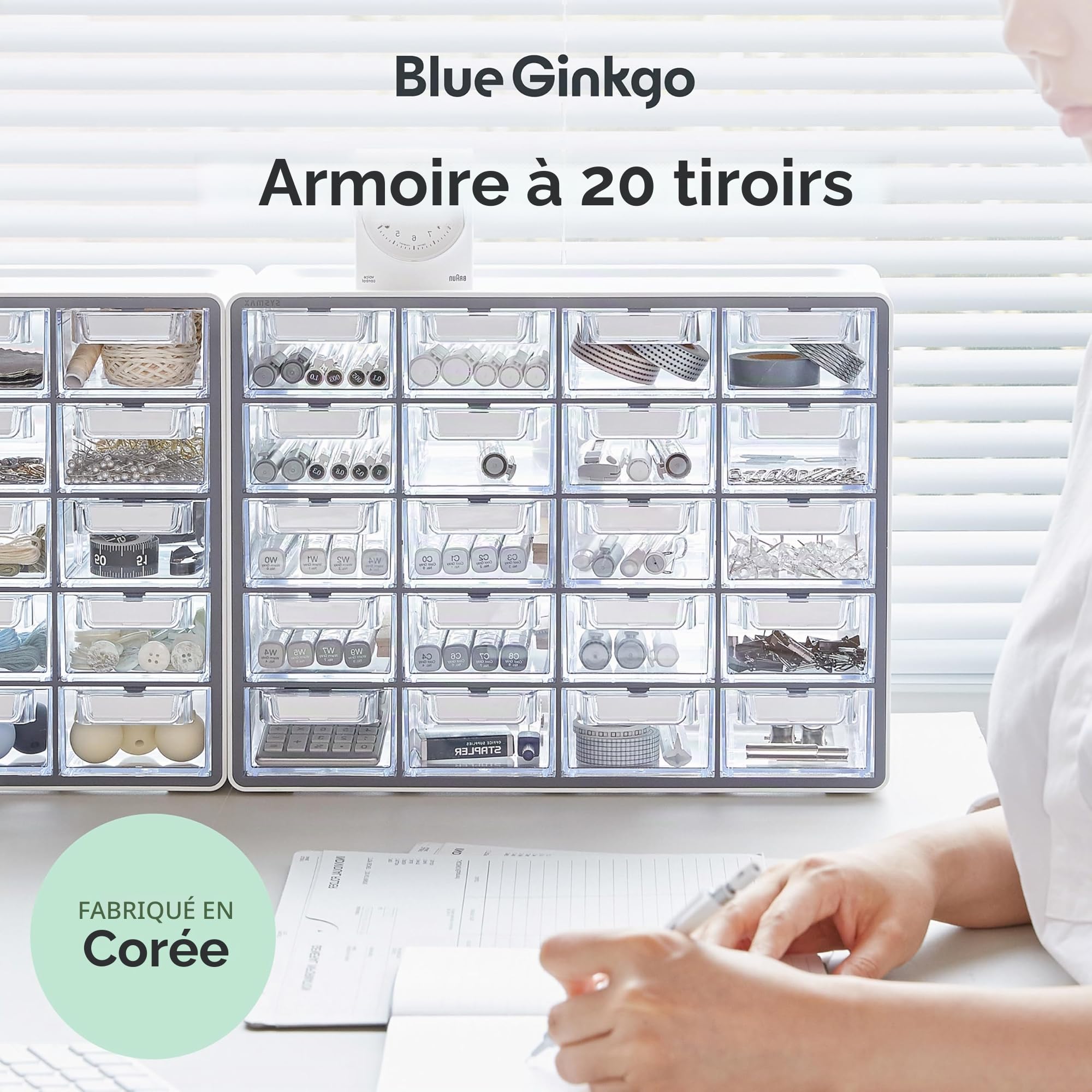 BLUE GINKGO Petite armoire de rangement à 20 tiroirs – Rangement empilable pour perles et objets artisanaux, organisateur de petites pièces, boîte à outils pour enseignant (fabriquée en Corée) – Gris
