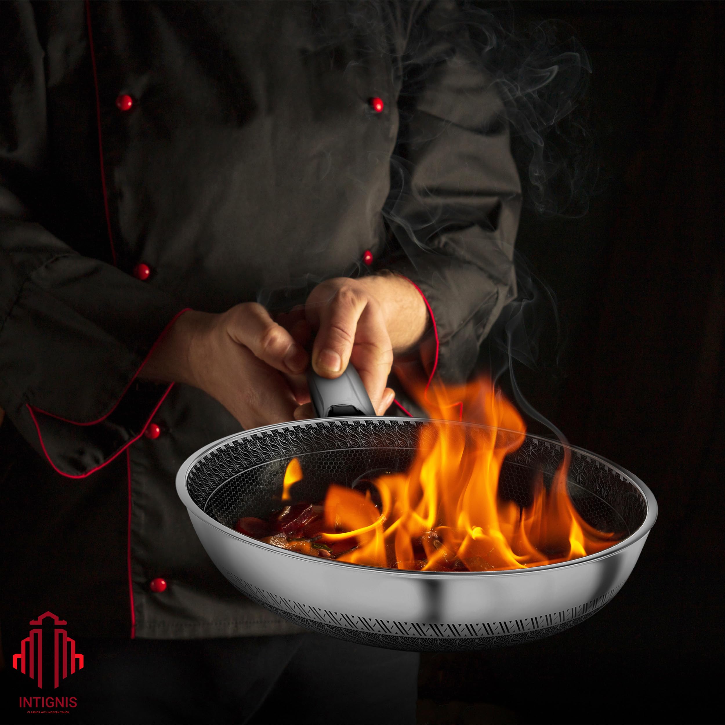INTIGNIS Padella con coperchio per forno – antigraffio incisa al laser antiaderente, Home Essentials, per saltare, arrostire, arrostire, grigliare, padella in alluminio inox 28 cm