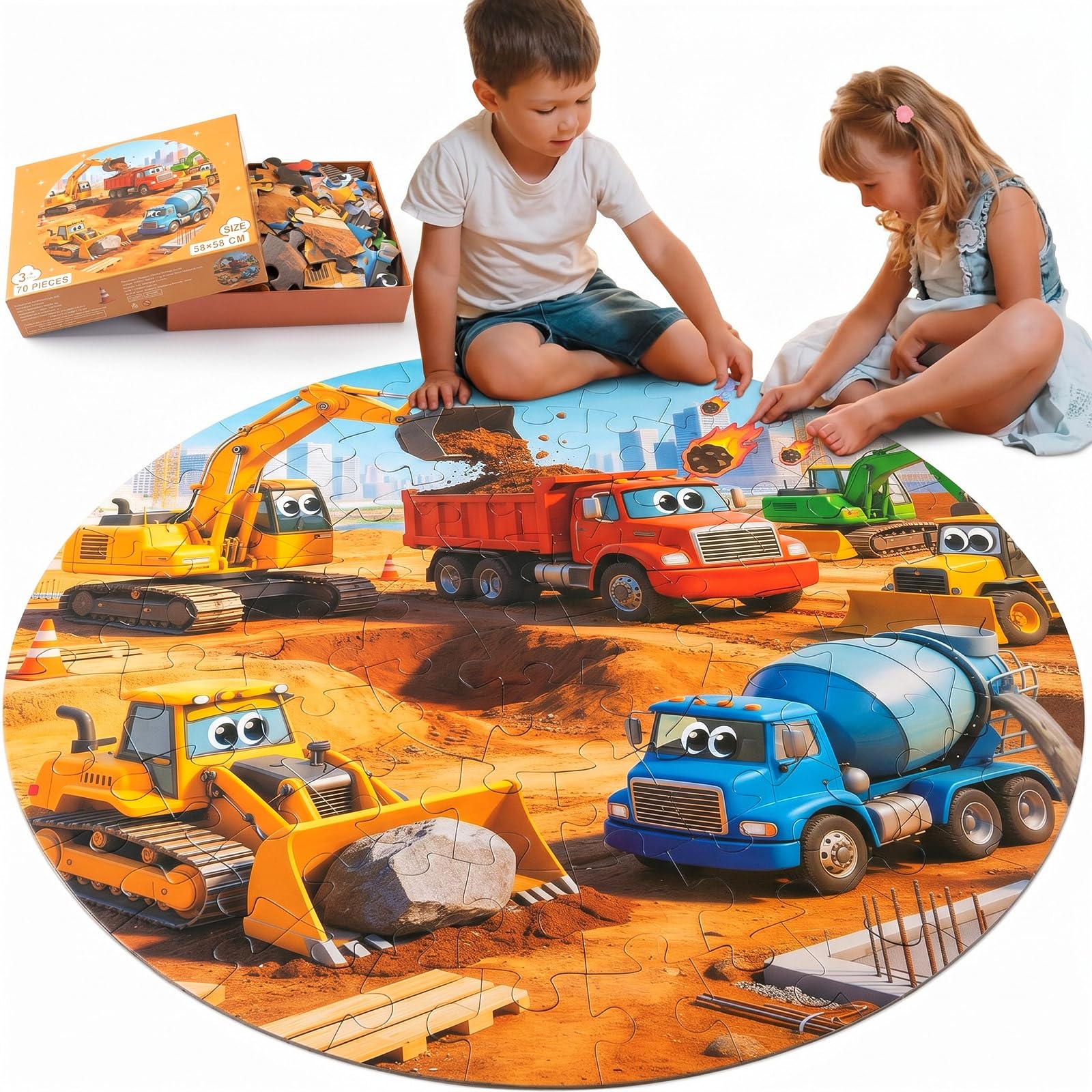 70 Piece Round Jumbo Floor Puzzle for Kids Ages 3-5, Construction Vehicles
