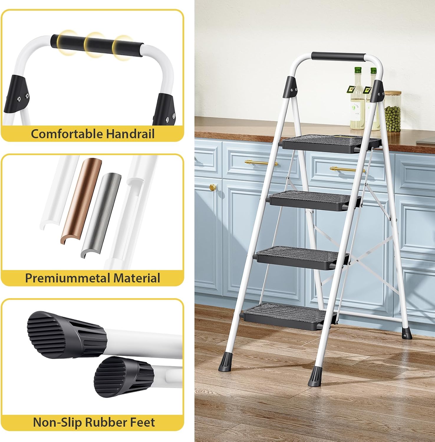 KINGRACK Sturdy Steel 4 Step Ladder, Folding Step Stool with Handrail, Anti-Slip Wide Pedals, Safe-Lock Design, Pass 800lbs Load Testing, Portable Ladder for Multi-Purpose in Home, Kitchen, White