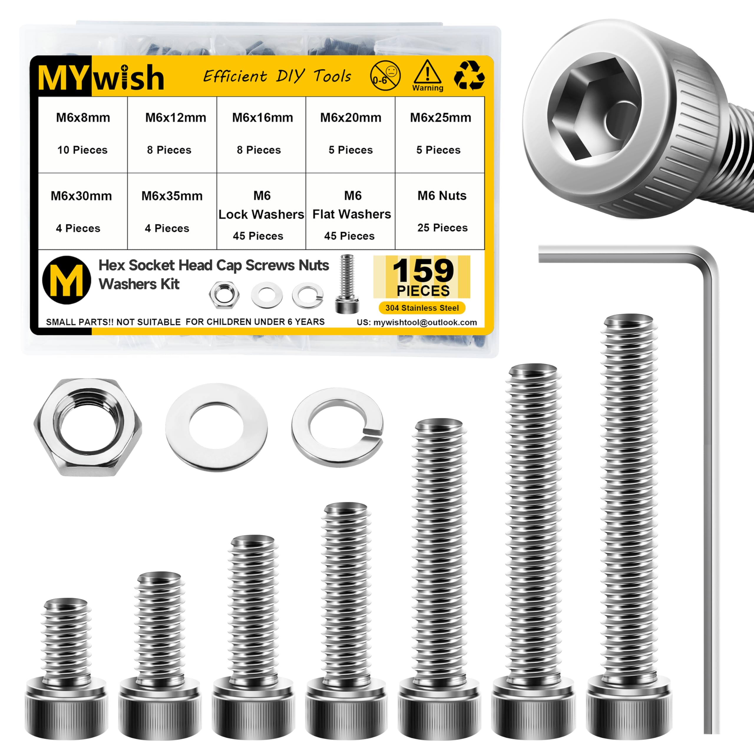 Mywish 159-Piece M6 Screw Assortment Kit, Stainless Steel Hex Socket Head Cap Screws, Bolts, Washers, Nuts, Hex Wrenches M6*8/12/16/20/25/30/35mm