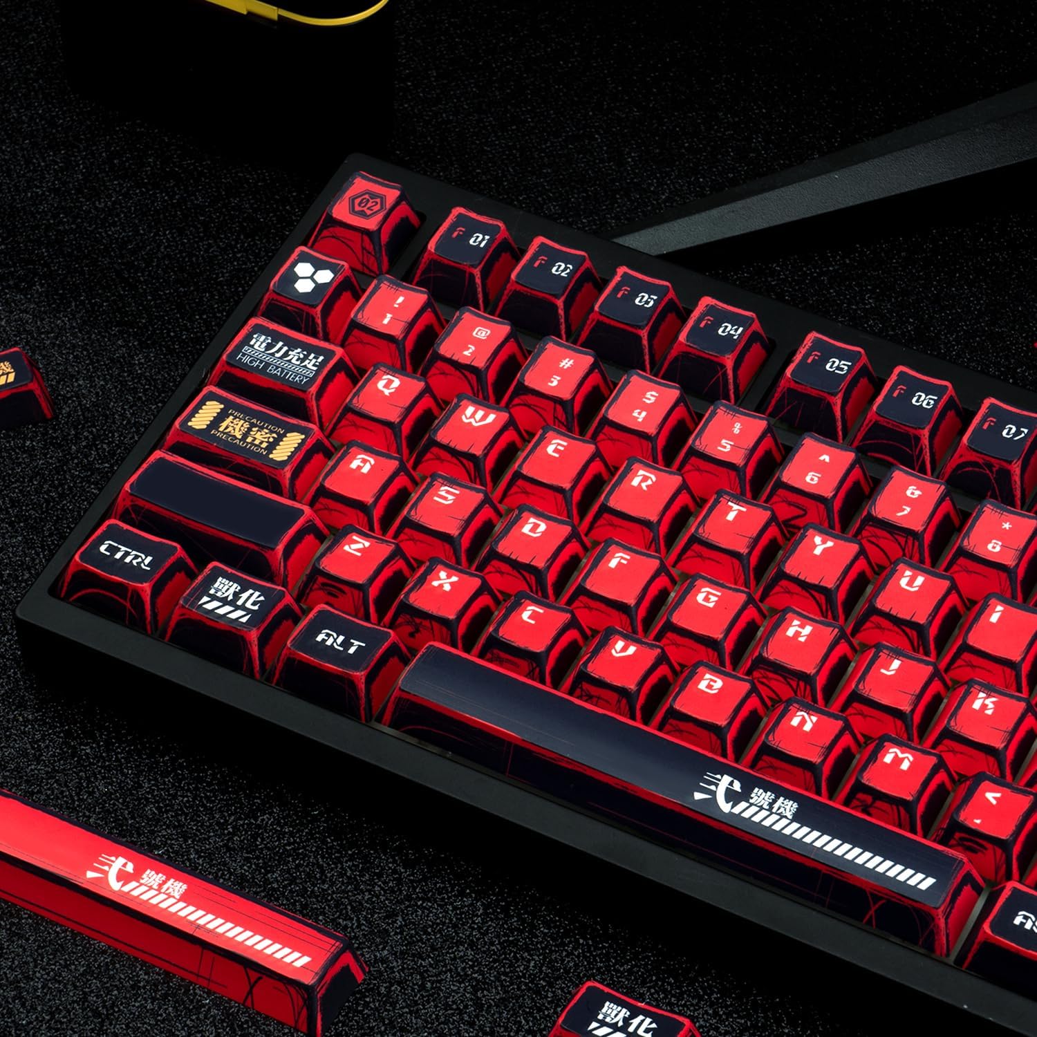 135-Key Manga Anime Keycaps Set, Black Red PBT Keycaps, Cherry Profile, Dye-Sub Custom Hand-Drawn Design, Compatible with ANSI Layout Mechanical Keyboards