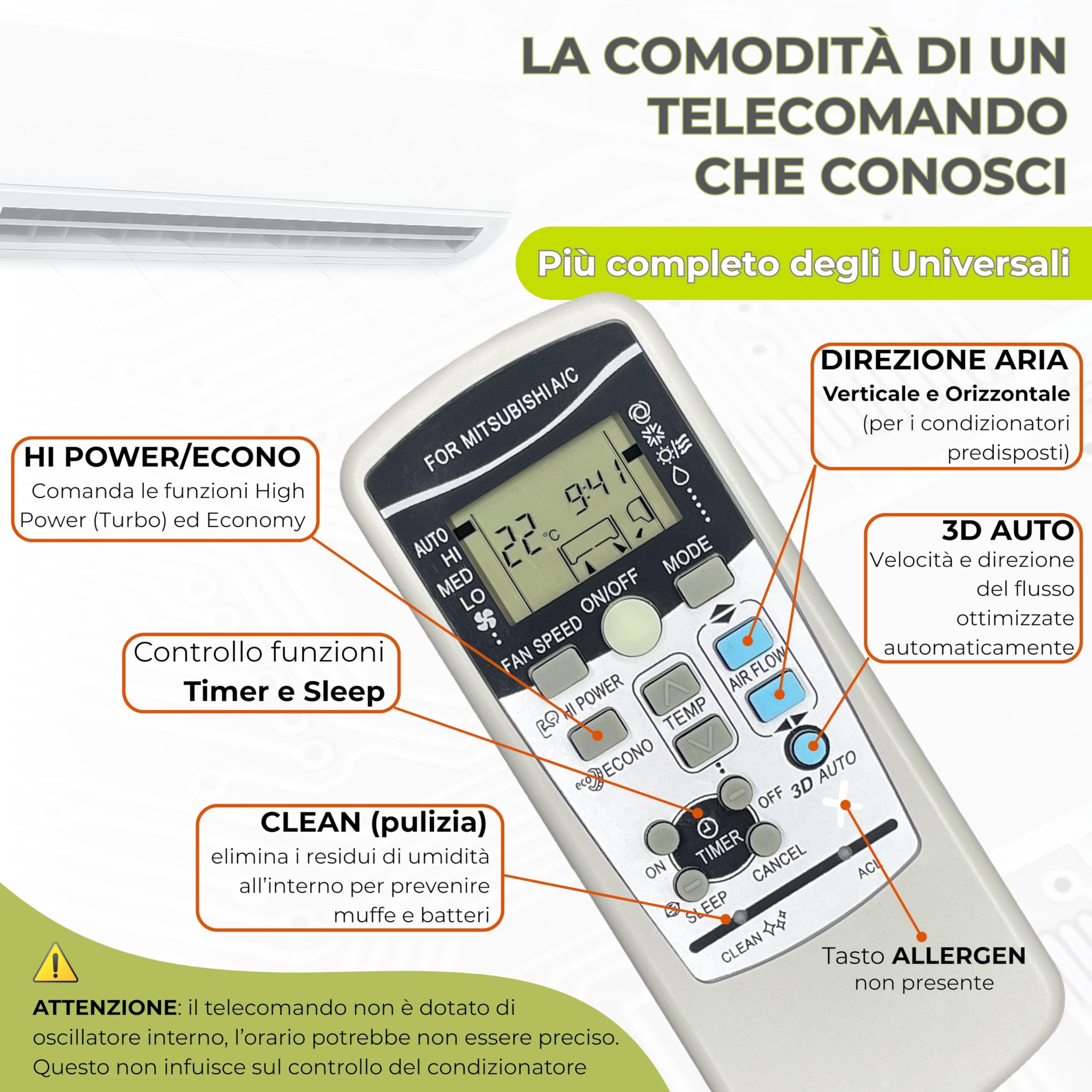 Wellclima Telecomando RKX502A001 per condizionatore compatibile con Mitsubishi Heavy Industries – Sostituisce RKX502A001B, RKX502A001C, RKX502A007, RYD502A017 e altri – Pronto all’uso
