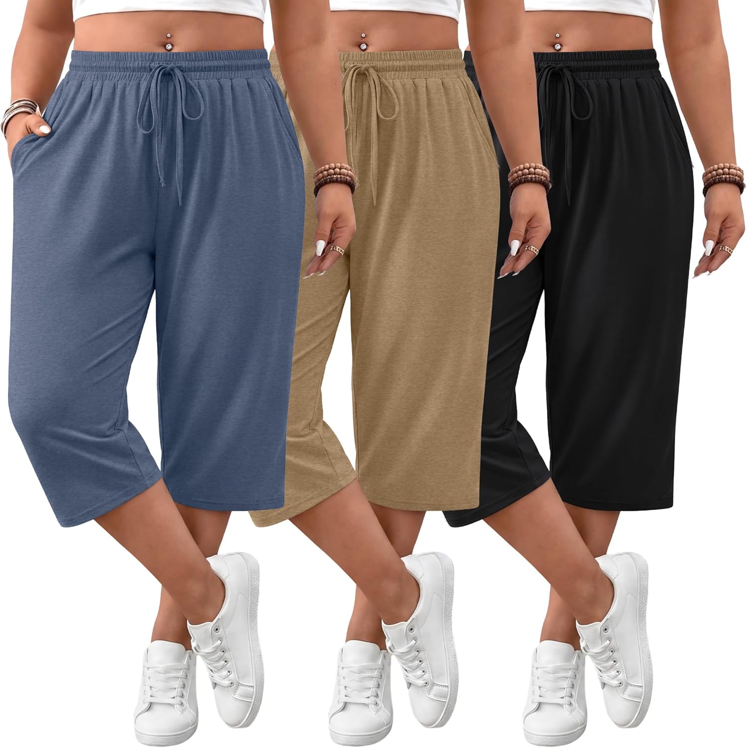 Huukeay 3 Pack Women's Plus Size Capris Wide Leg Yoga Capri Sweatpants Drawstring Loose Fit Summer Cropped Pants with Pockets