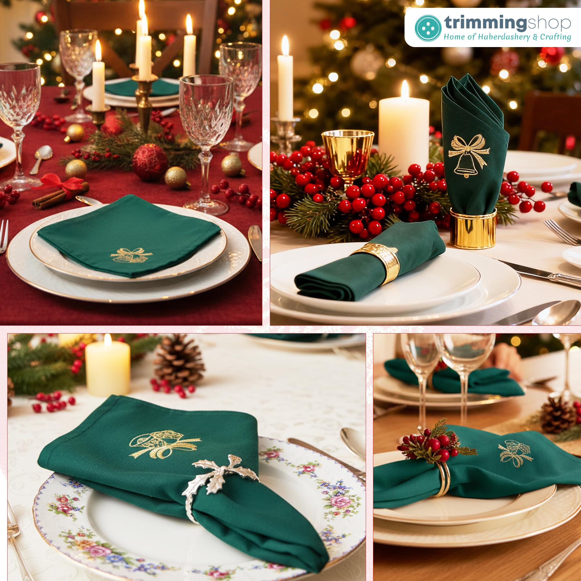 Trimming Shop Lot de 20 serviettes de table de Noël vertes avec broderie festive en polyester filé, 50,8 x 50,8 cm, résistantes aux taches, réutilisables, pour décoration de vacances et fêtes