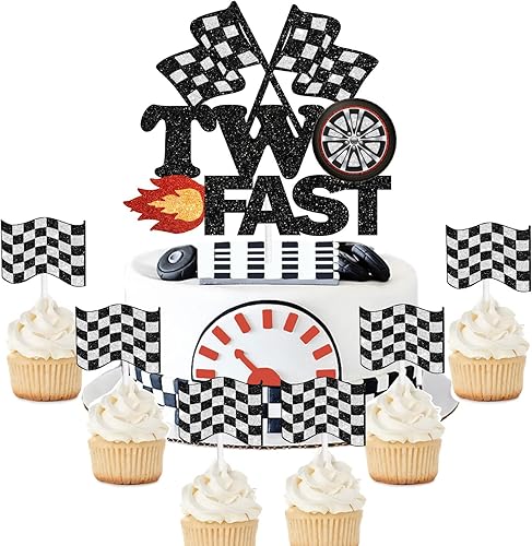 Juego de 7 banderas de feliz cumpleaños de carreras de pasteles de 2º cumpleaños, neumático, juego de decoración de aceleración de chorro, fiesta de