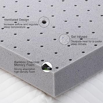 3 Inch Full Size Memory Foam Mattress Topper, Charcoal Infused, Cooling Ventilation, Breathable Bed Topper for Pressure Relief Back Pain, CertiPUR-US Certified