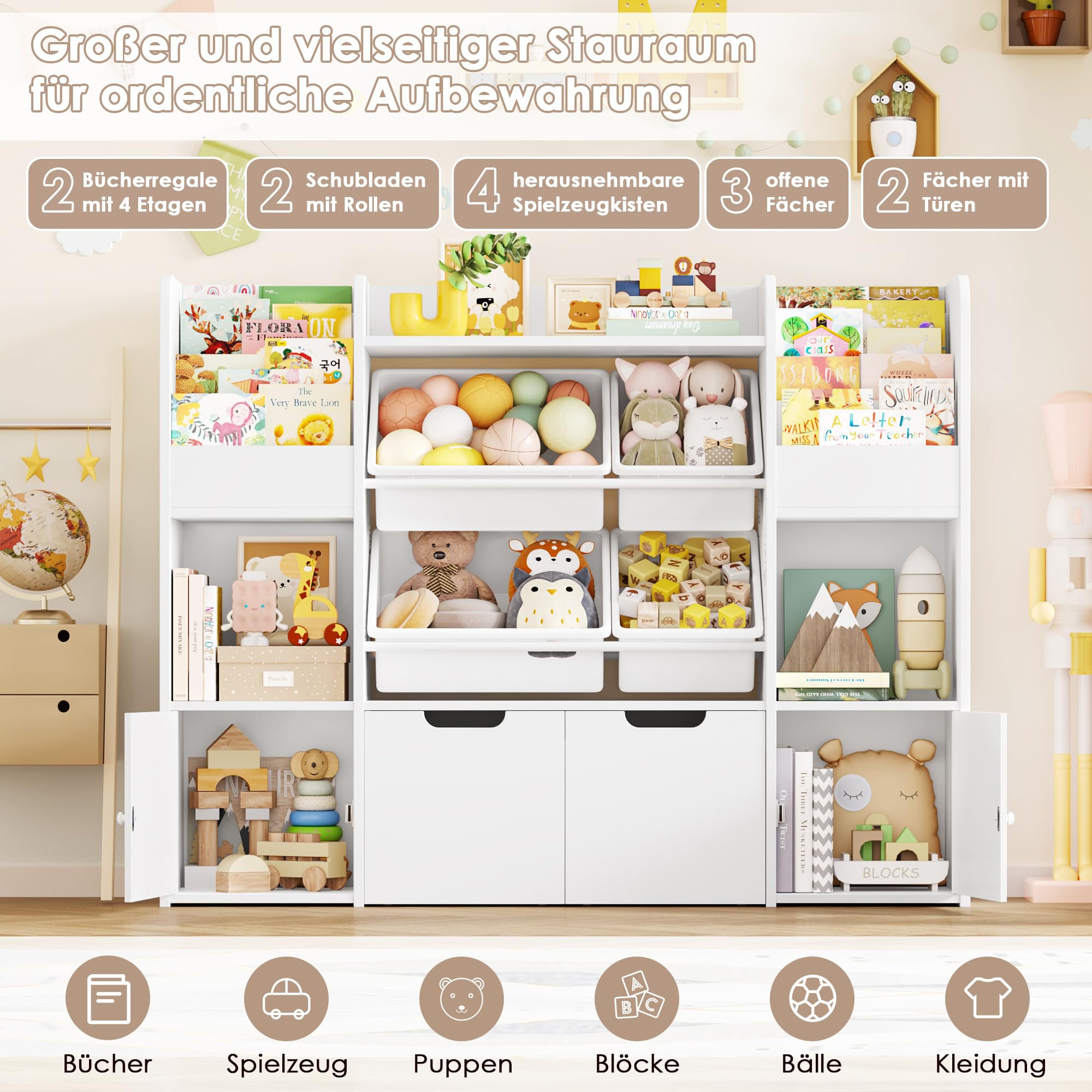 FOREHILL Kinderregal mit 6 Boxen, Spielzeug Aufbewahrung für Kinderzimmer | Kinderregal, Kinderzimmer Möbel mit Kinderschrank, Bücherregal Kinder für Kindergarten, Leseecke 126x30x104 cm Weiß