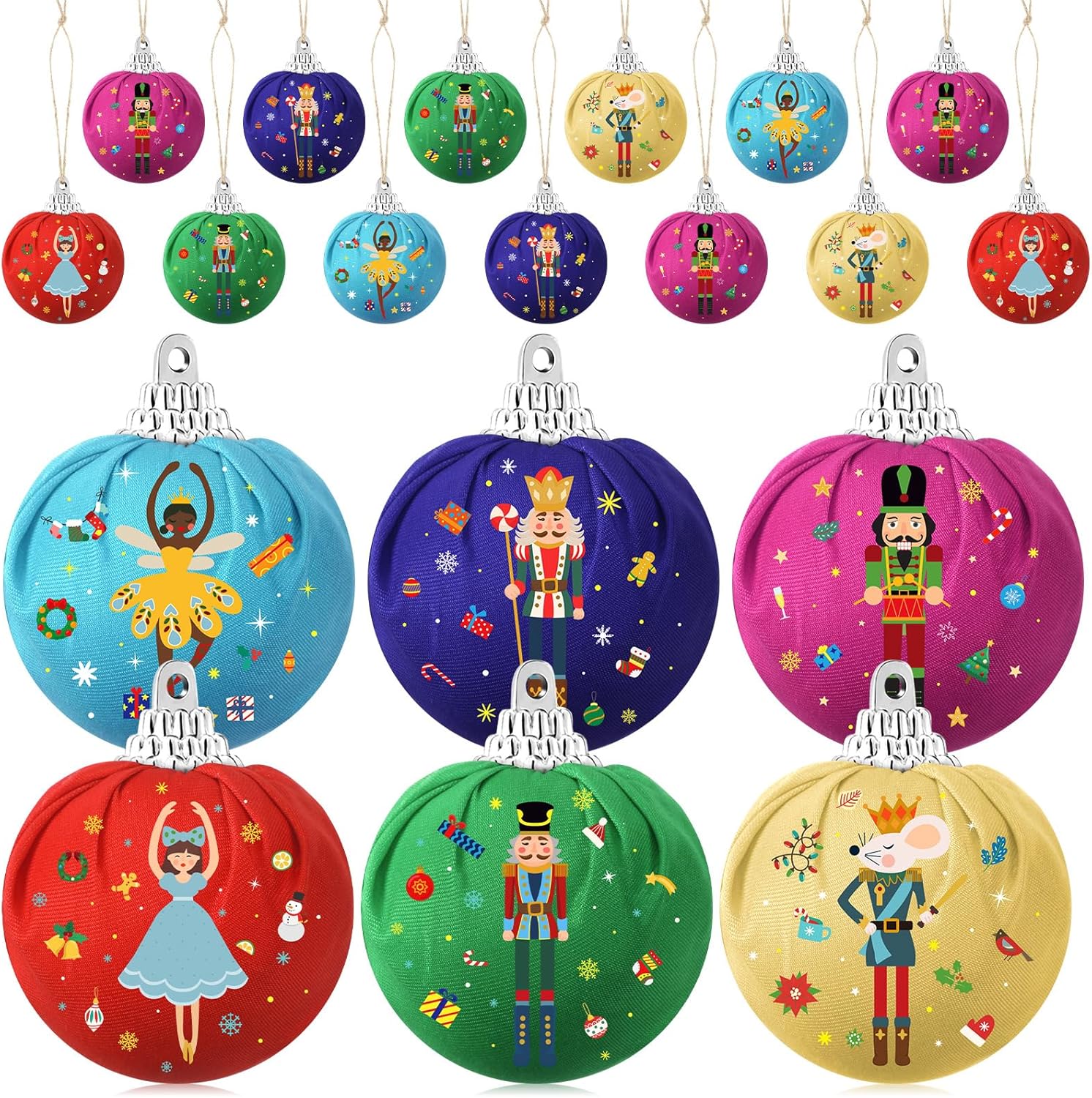 12 piezas de adornos de bola de cascanueces de Navidad, diseño de cascanueces, adorno de bola colgante de tela envuelta, juego de bolas de Navidad