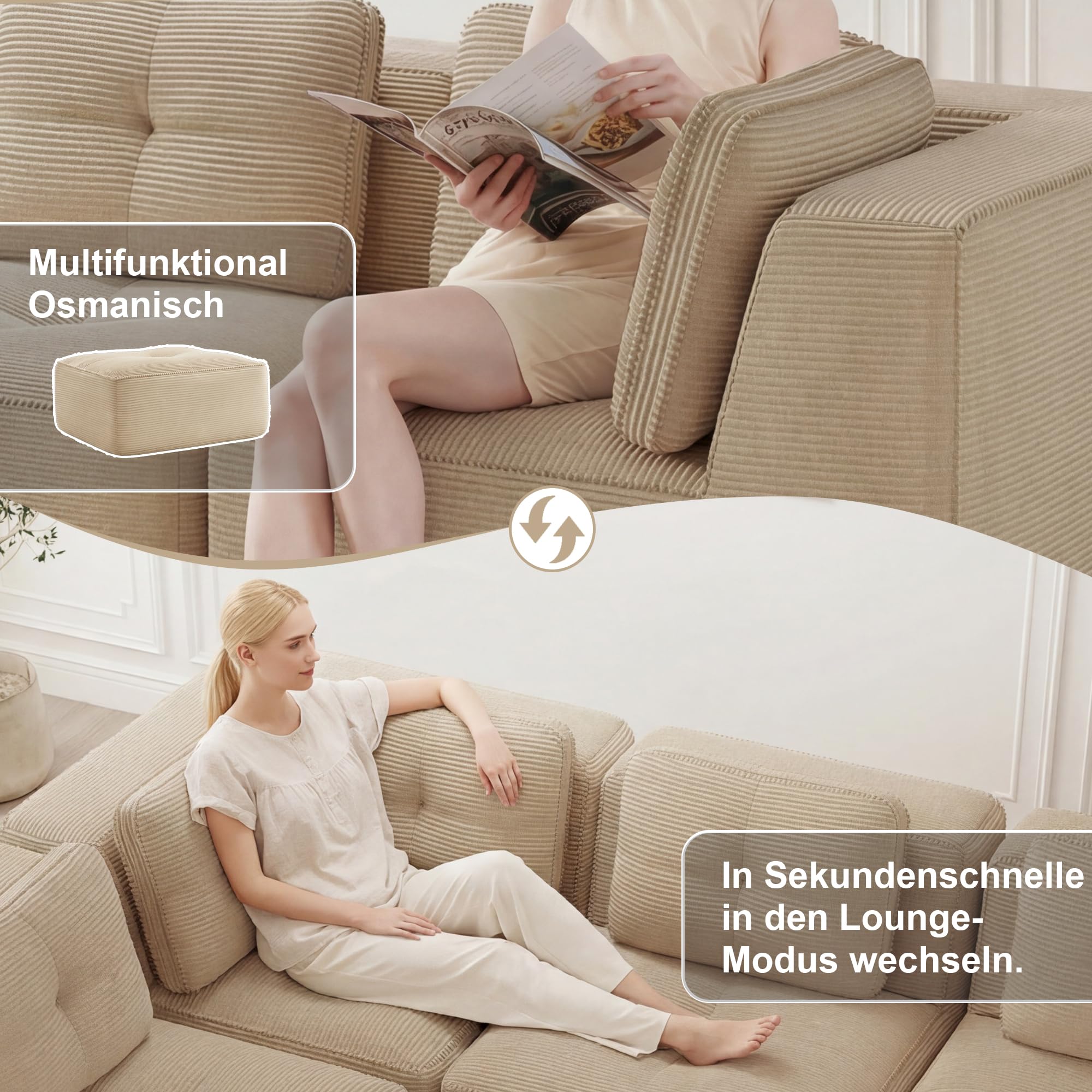 Bladez Sofá modular en forma de U, sofá de 3 plazas moderno de cordón con reposapiés, sofá de asiento profundo sin costuras sin montaje, sofá comprimido, para sala de estar (Beige, 3 plazas+2)