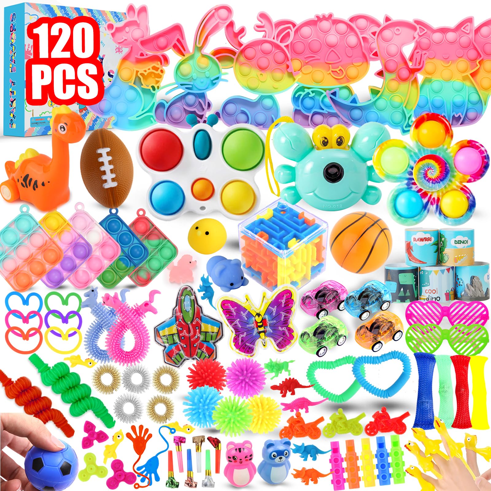 120Pcs Fidget Toys Pack, Bulk Party Favors for Kids, Stocking Stuffers, Treasure Box Chest, Birthday Party, Classroom Carnival Prizes, Pinata Stuffers, Goodie Bag Stuffers, Stress Relief, Sensory Toy