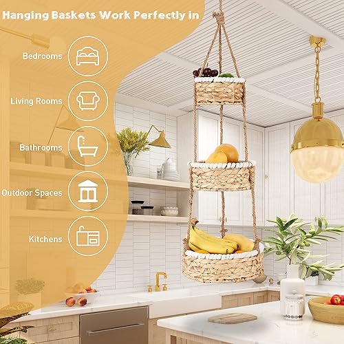 Miniatura 5 de Cesta colgante de frutas de 3 niveles para cocina, hecha a mano de mimbre natural tejido de hierba marina cesta colgante para frutas y verduras,