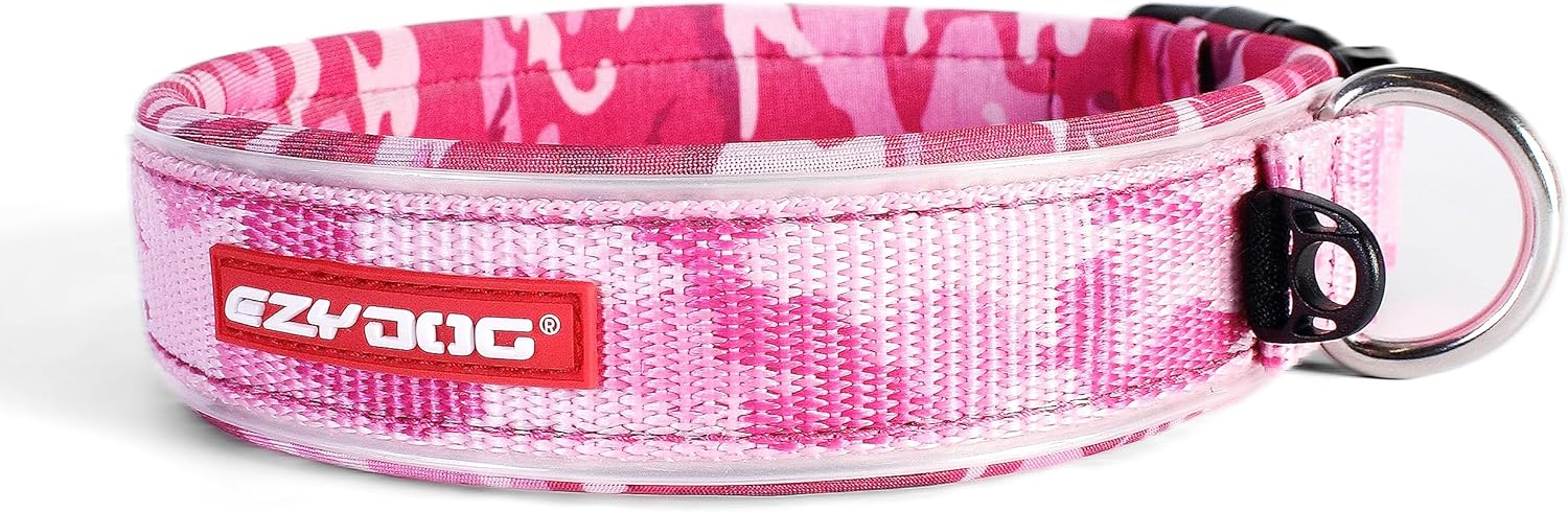 EzyDog Neo Dog Collar - Waterproof & Reflective Dog Collar with Soft Padded Neoprene for Comfort & Durable Nylon – Features Quick Release Buckle and Built-in ID Clip (Large, Pink Camo)