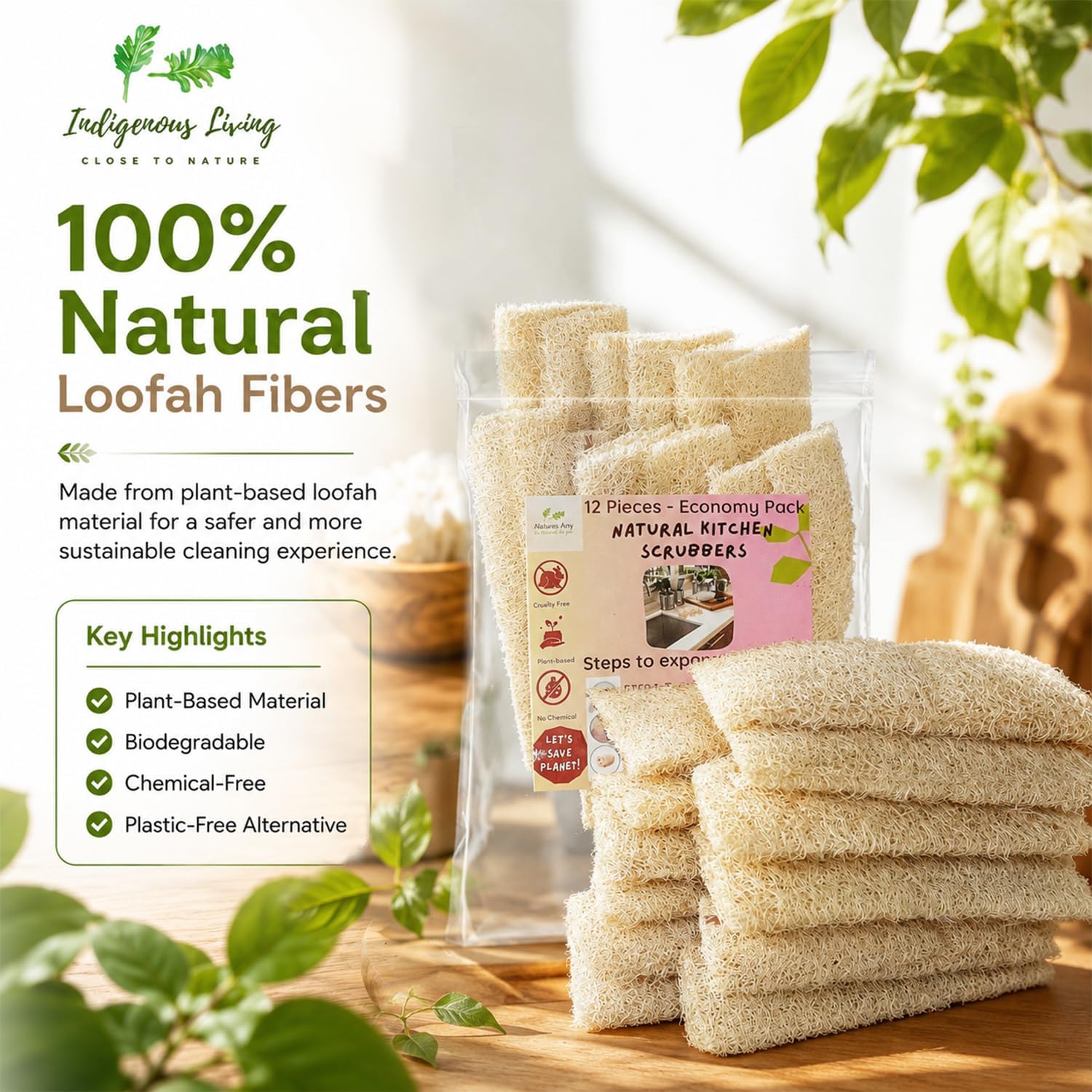 Indigenous Living Natural Kitchen Scrubber 12 Economy Pack for Sparkling Clean Surfaces - Sustainable, Biodegradable, and Tough on Grime Natural Loofah image 4
