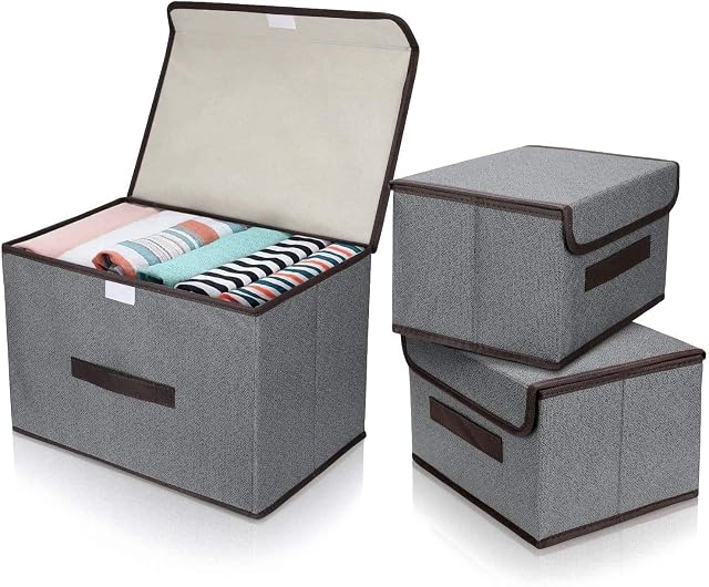 QINGHEC 3 Pcs Fabric Foldable Storage Boxes with Lids (2 Size), Grey Collapsible Storage Bins with Handles for Toy, Books, Bedroom Closet Office Living Room