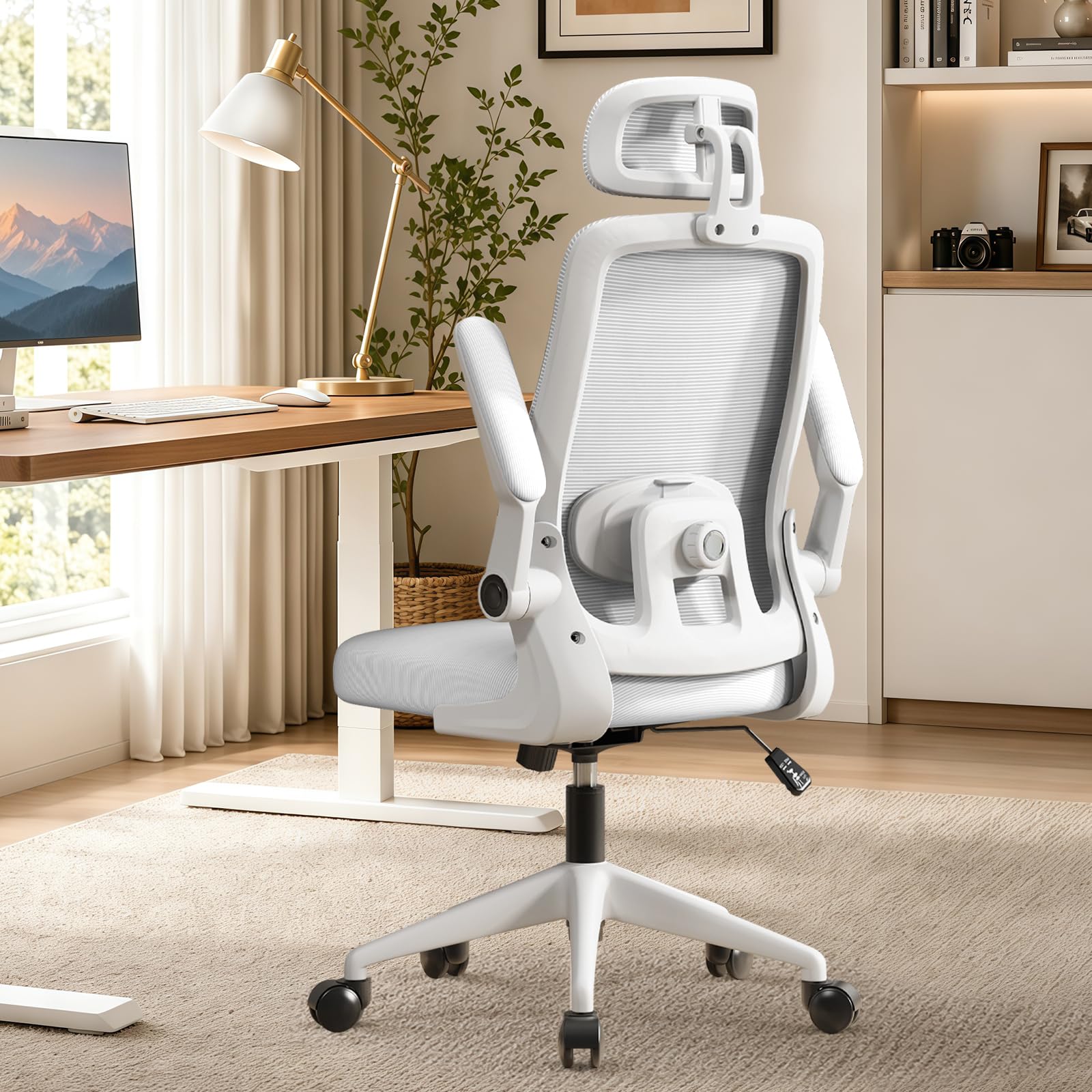 WXJHL Ergonomic Office Chair with Adjustable Lumbar Support, Desk Chair with 3D Headrest & Flip-Up Armrests, High Back Mesh Computer Chair for Home Office, Study & Gaming, White