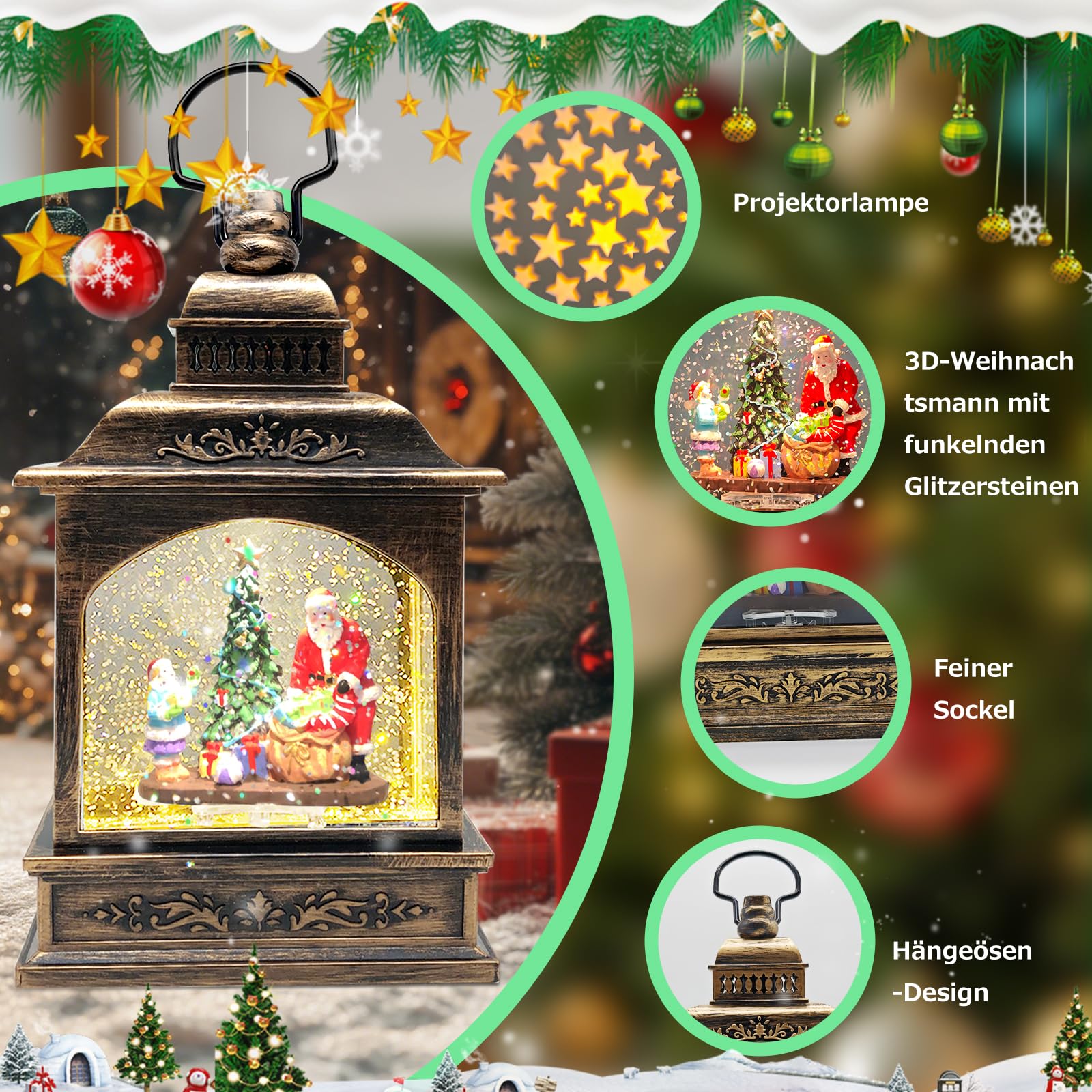 Marsyu Weihnachts Schneekugel Laterne mit Zeitschaltuhr, Beleuchtete USB/batteriebetriebene Wirbelnde Singende Wasserlaterne, Schneekugel Laterne für Erwachsene Kinder, Weihnachtsdekoration/Geschenk