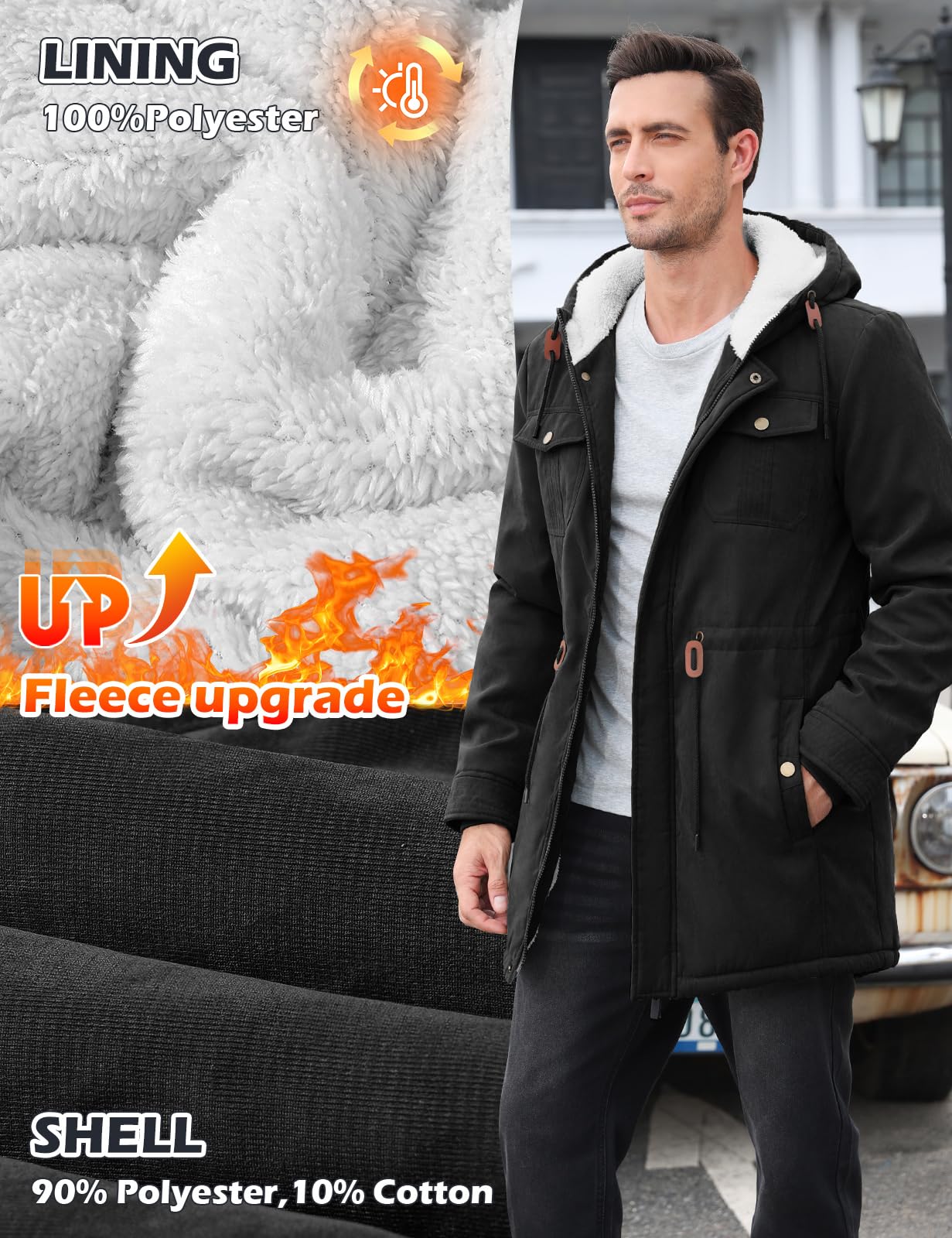 Parka Hombre Abrigo Invierno Con Forro Polar Chaqueta Cortaviento y Cálido con Capucha Largo Winter Jacket Chaqueta de Moda Pocket Coat