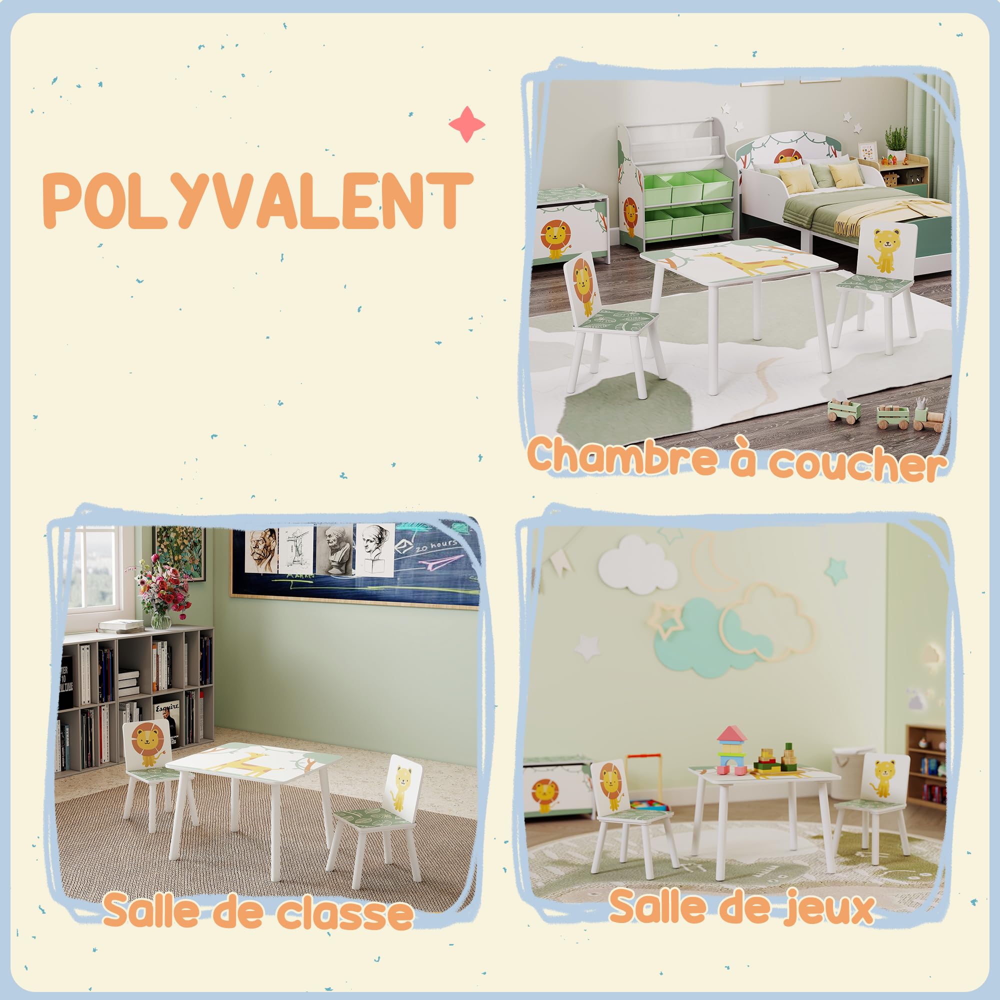 AIYAPLAY Table Enfant avec 2 Chaises en Bois pour Dessiner, Jouer, étudier, Motifs Animaux, Vert, 3-8 Ans