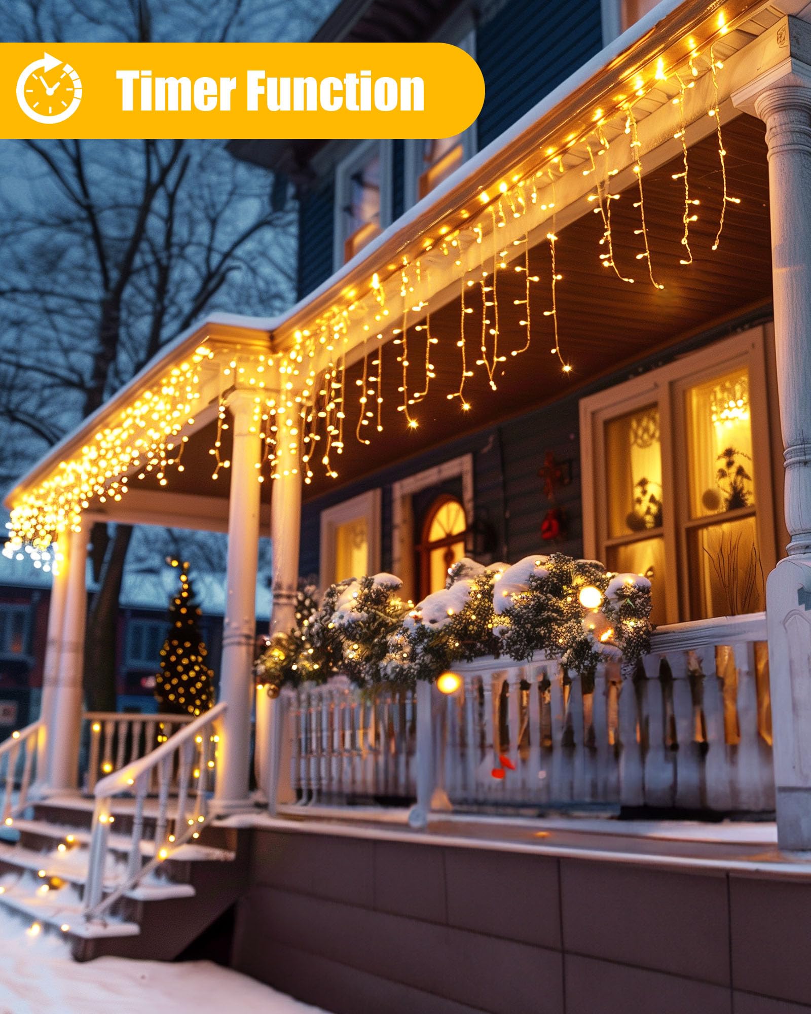 Brightown Icicle Lights: 40Ft Weatherproof, 432 LED Icicle Adjustable Timing, Warm White Eaves & Outdoor Decor