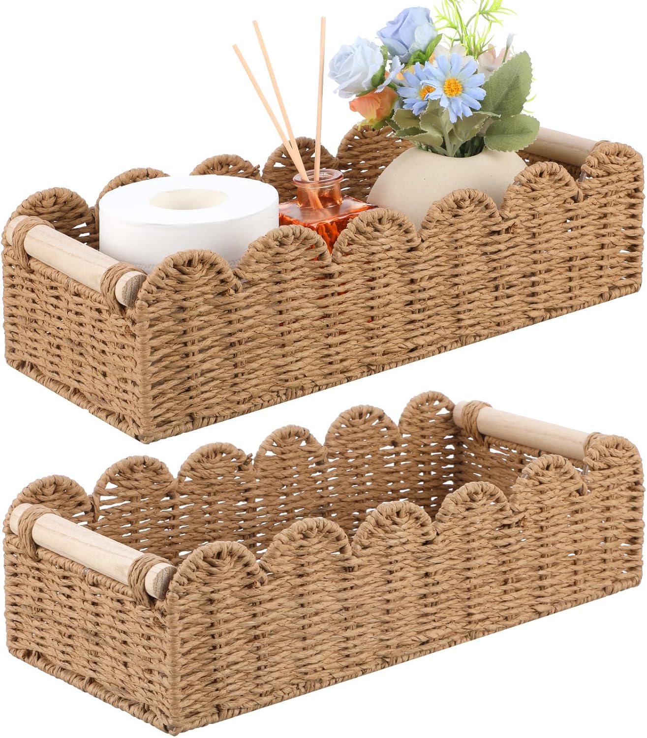 2pcs Scalloped Decor Toilet Paper Storage Basket with Handles(14"×6.3"×4") | paper rope material;Neatly store toilet paper;organizing over toilet storage shelf countertop living room bedroom home decor