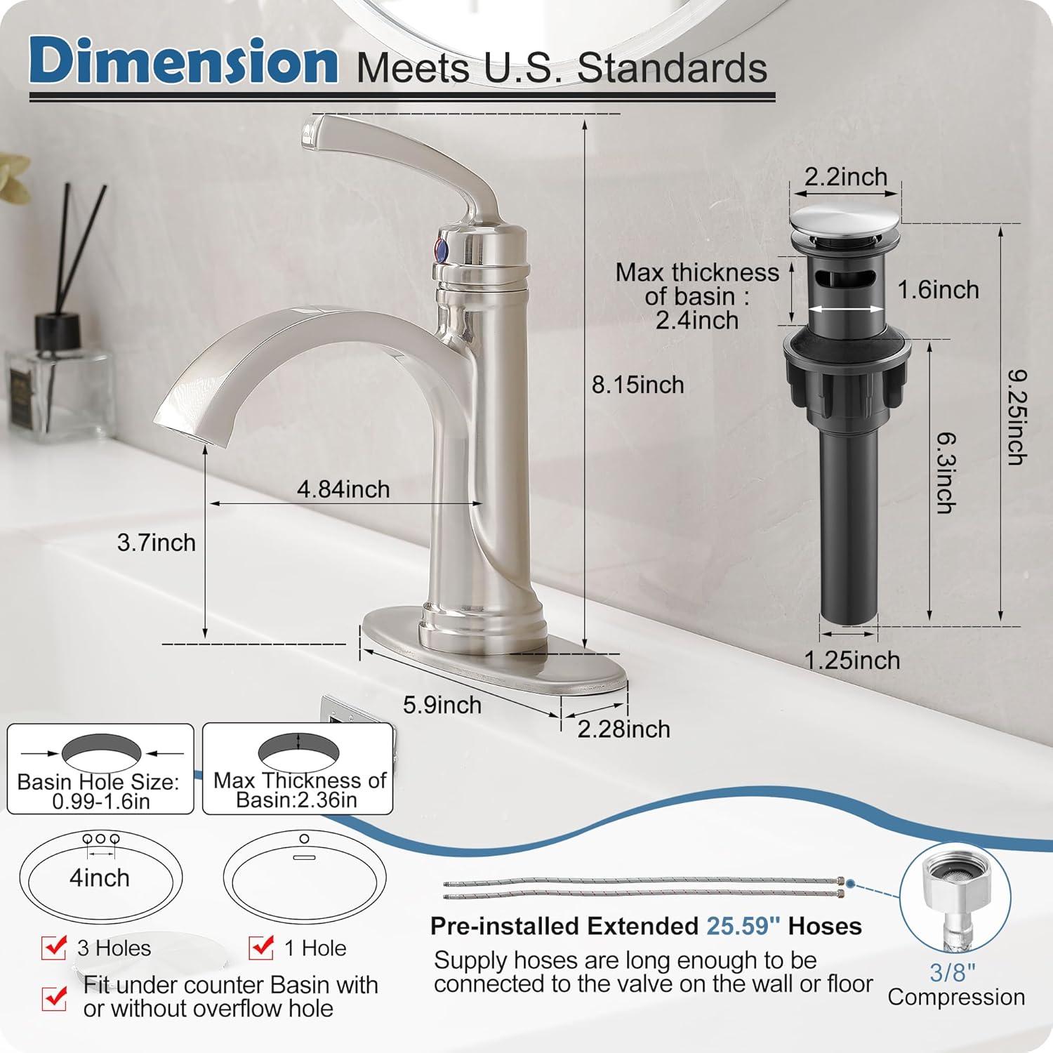 Brass Waterfall Bathroom Faucets Brushed Nickel Single Handle Bathroom Faucet 3 Hole or 1 Hole, 4 Inch Bathroom Sink Faucet, Bathroom Vanity Faucet with Drain Deck Plate No Peeling Paint