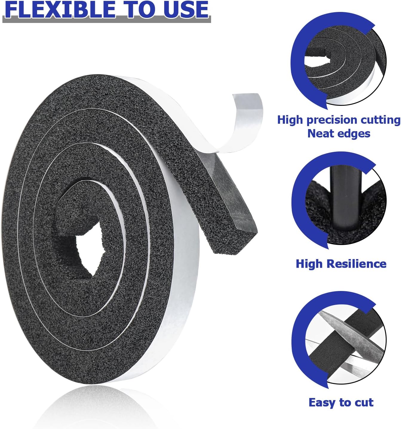 BOJACK Adhesive Foam Weather Stripping - Foam Stripe with Adhesive for Doors and Windows (6.5ft x 2 Rolls, 1 x 1 Inch Thick)