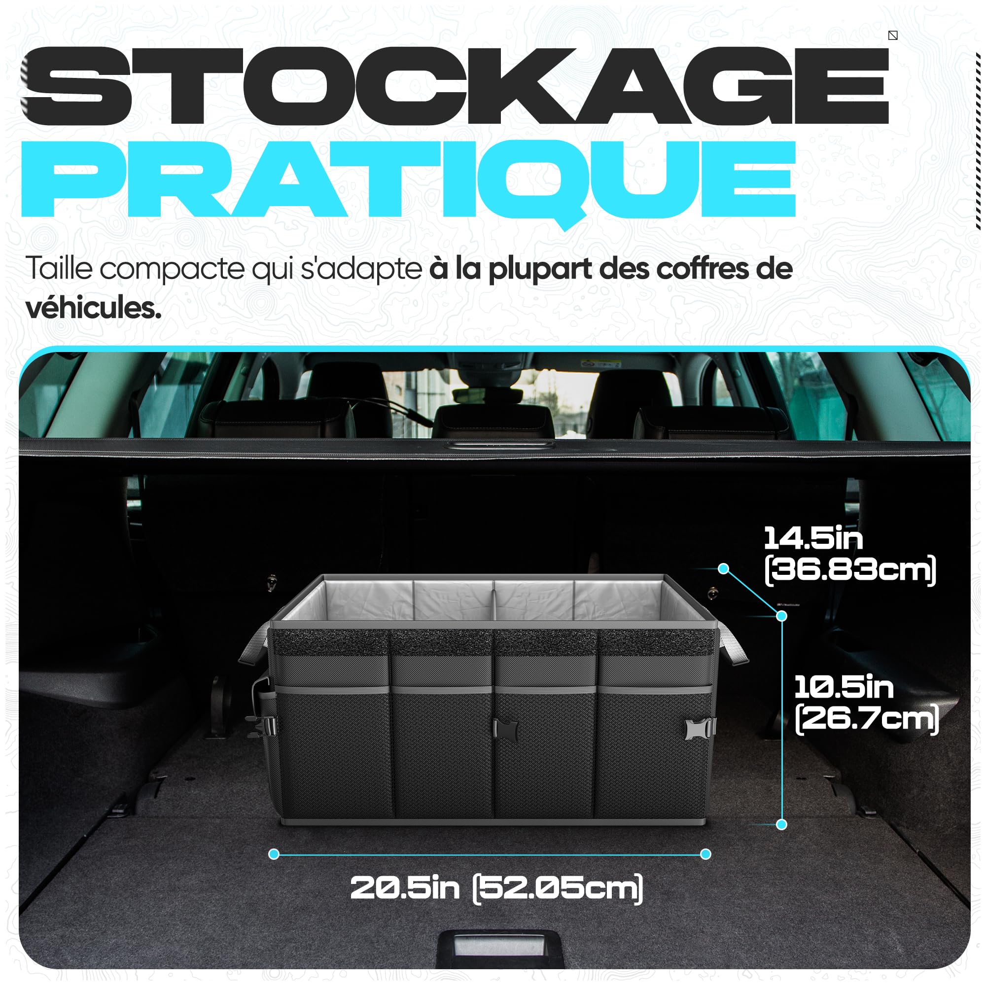 FORTEM Organiseur de coffre de voiture, pliable, plusieurs compartiments, rangement pliable pour accessoires de voiture, fond antidérapant, sangles de sécurité, couvercle souple, 50 L (Noir, Standard)