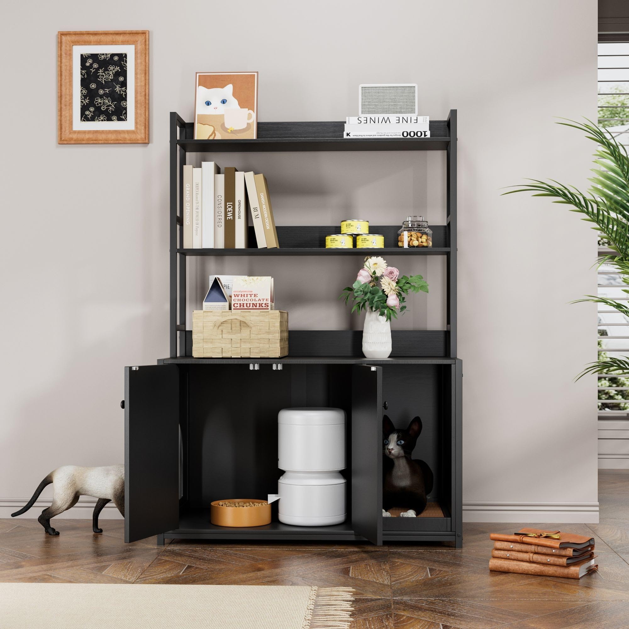 Garvee Space-Saving Entryway Cat Litter Box Enclosure Cabinet – 52 Inch, 2 Storage Shelves, Hidden Doors, Mark Pad, Wooden Indoor Cat Washroom Organizer, Black
