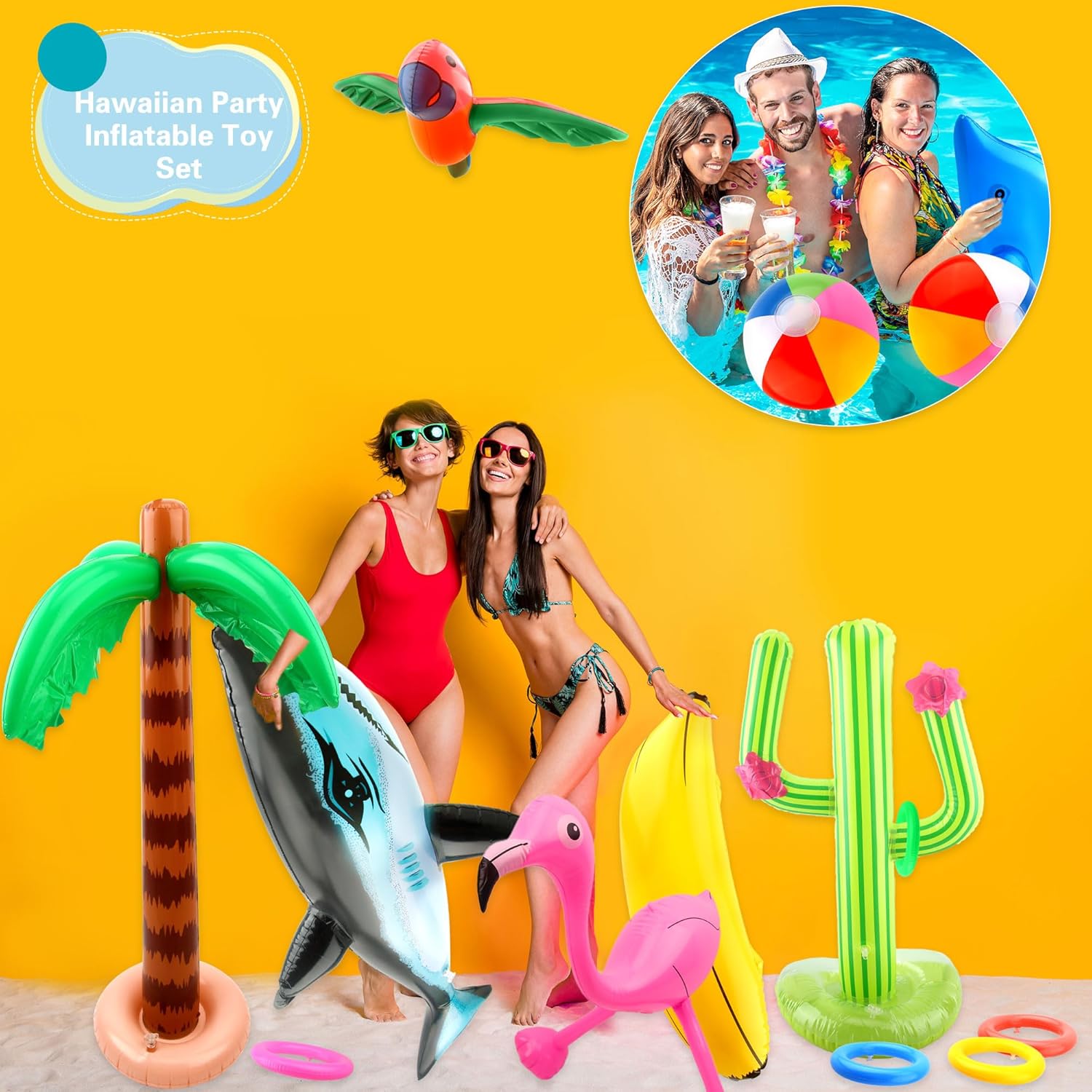24 Pack Inflatable Palm Tree Flamingo Inflatable Beach Ball Cactus Shark Dolphin Banana Swim Ring Toss for Beach Party Hawaiian Party Decor Outdoor Activities