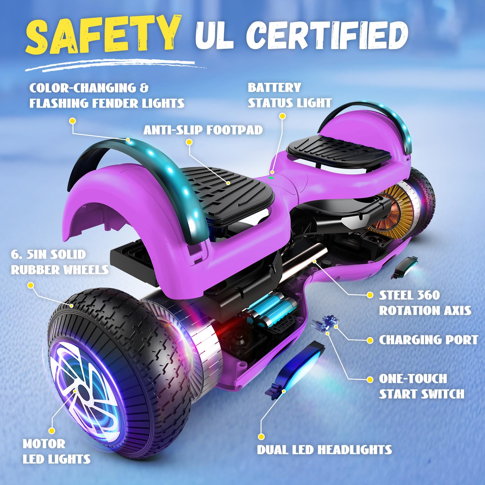 SISIGAD 6,5 pouces Scooter, hoverboard auto-équilibré avec haut-parleur Bluetooth et éclairage LED