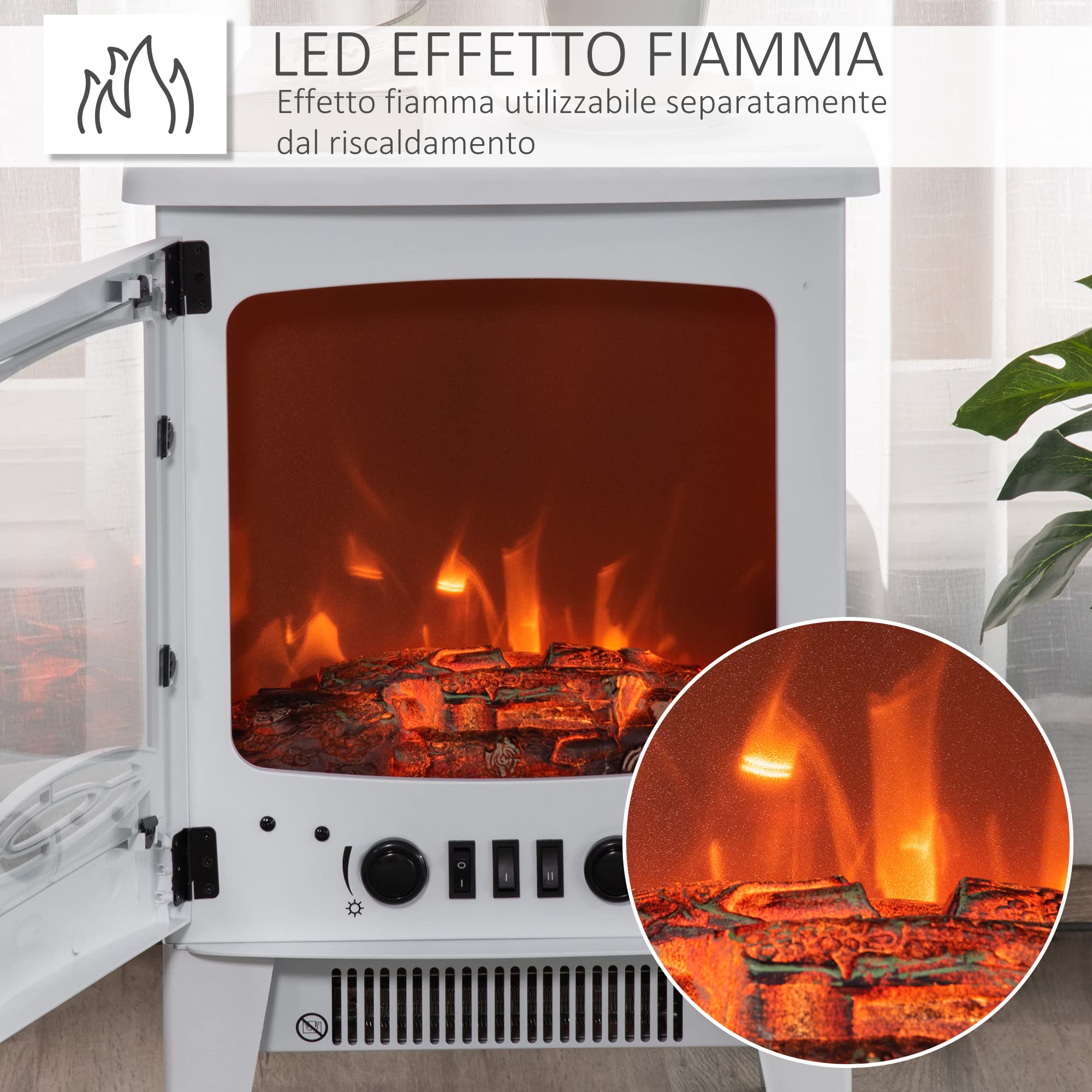 HOMCOM Camino Elettrico da Terra con Effetto Fiamma 900/1800W Bianco