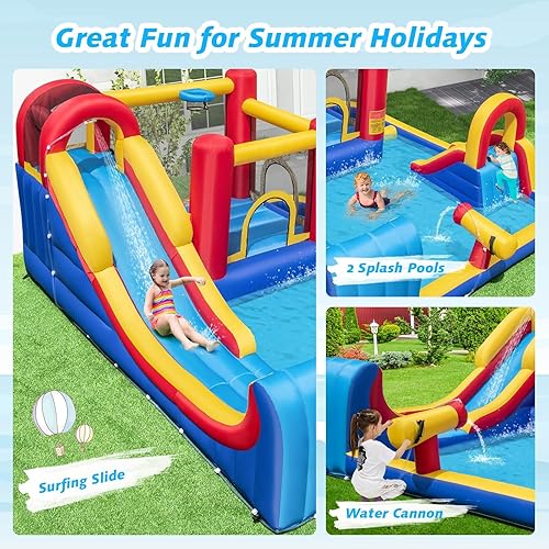 Miniatura 8 de BOUNTECH Tobogán acuático inflable, tobogán de surf 7 en 1, castillo de salto para parque acuático para niños, toboganes acuáticos inflables para