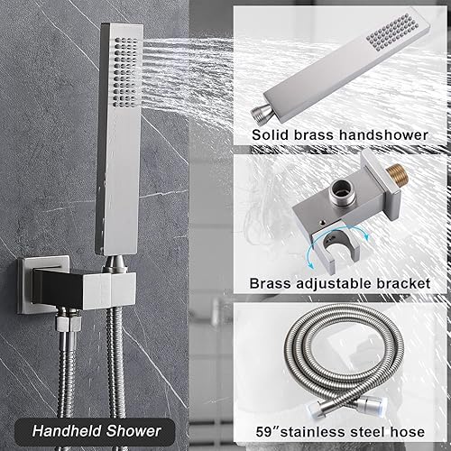 Miniatura 9 de Accesorios de ducha de níquel cepillado, montaje en pared de 12 pulgadas, sistema de ducha de cuerpo completo con chorros corporales, cabezal de