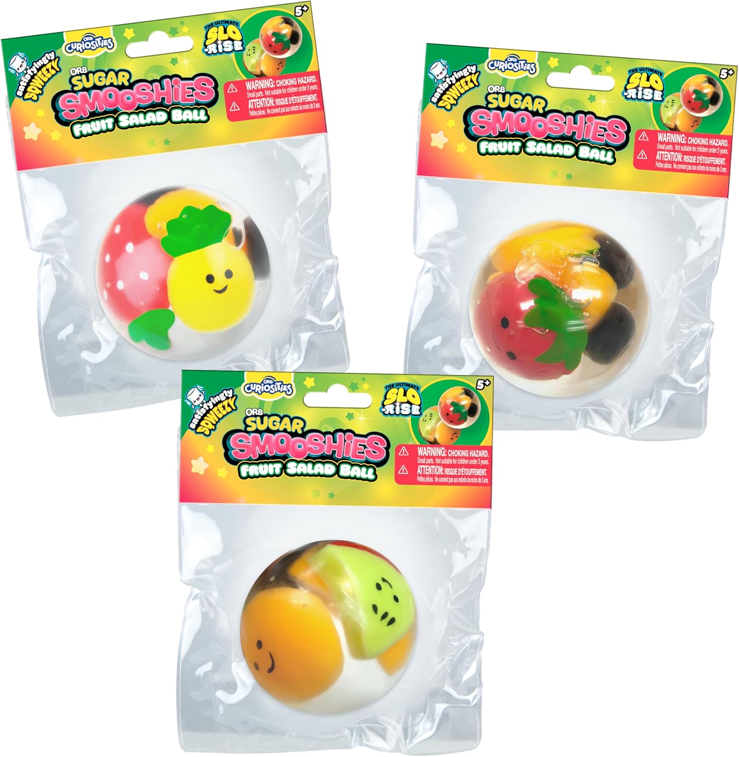 ORB Curiosities Fruit Salad Sugar Smooshies Slow Rise Sugar Balls 3 Pack - Squishy, Stretchy, Fruit Filled Stress Ball Squishies for Play and Stress Relief - Sugar Ball Fidget Toys for Kids and Adults