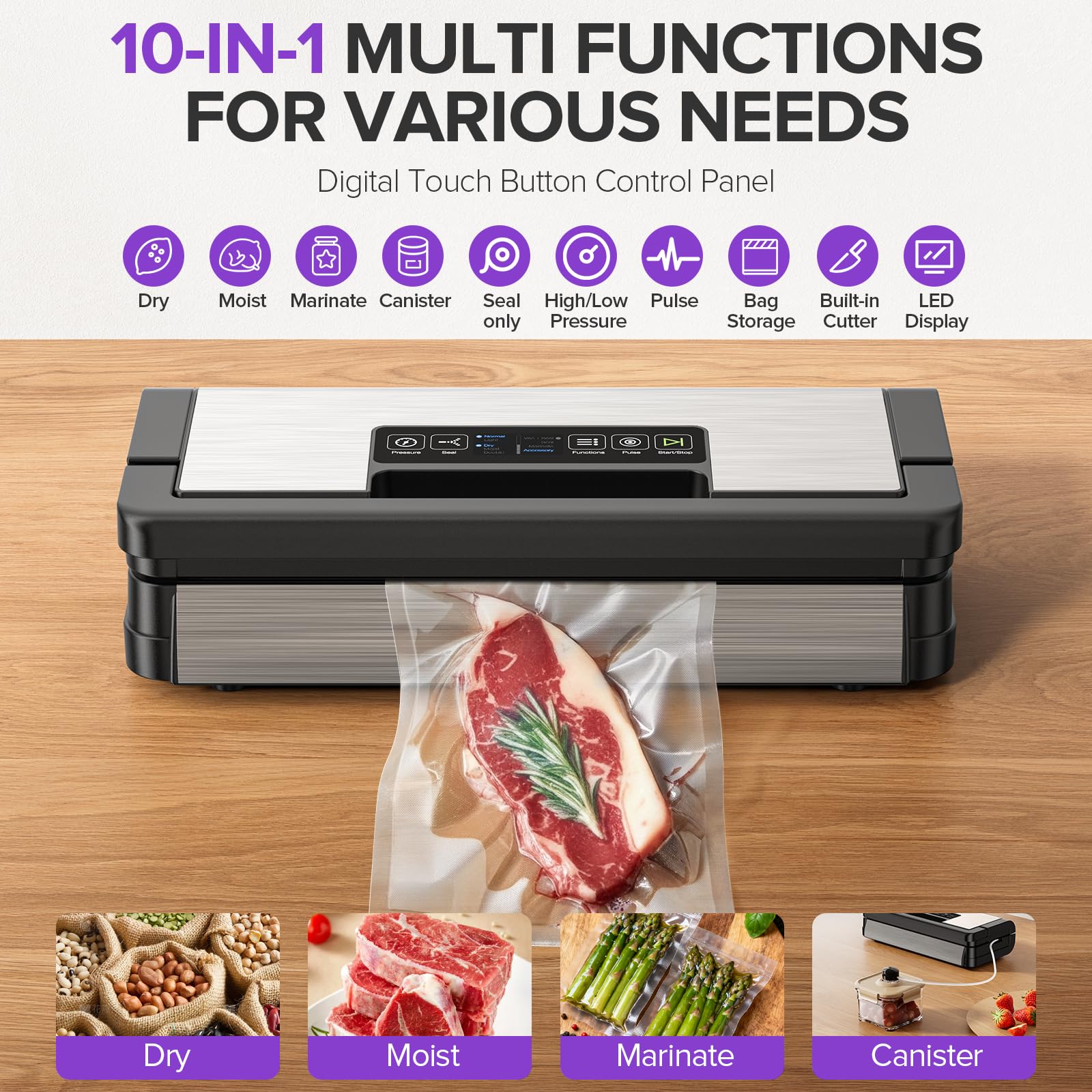 95kPa Vacuum Sealer Machine, Fully Automatic Food Sealer, Touch Display, 10-in-1 Functions & Powerful Sealing System with Double Heat Seal, Easy-Lock Handle, Built-in Cutter(Deep Gray)
