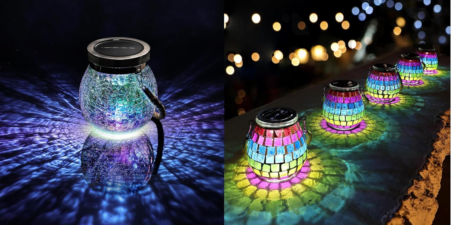 Cooo 2 Pack Mosaic Solar Lantern and 2 Pack Heavy Iridescent Crackle Glass Solar Lantern