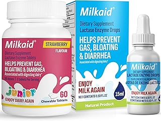 Milkaid Junior Lactase Enzyme Chewable Tablets Lactase Drops for Lactose Intolerance Relief | Prevents Gas, Bloating, Diarrhea in Children | Fast Acting Dairy Digestive Supplement |